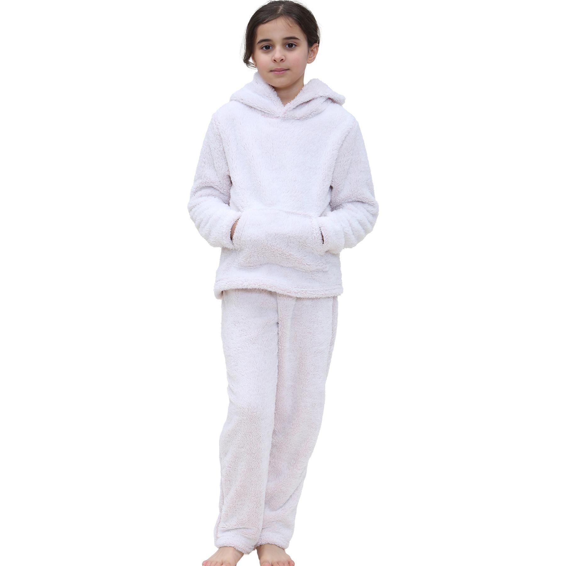 Kids Girls Plain Pink Pyjama Extra Soft Thick Pile Fleece PJS Set