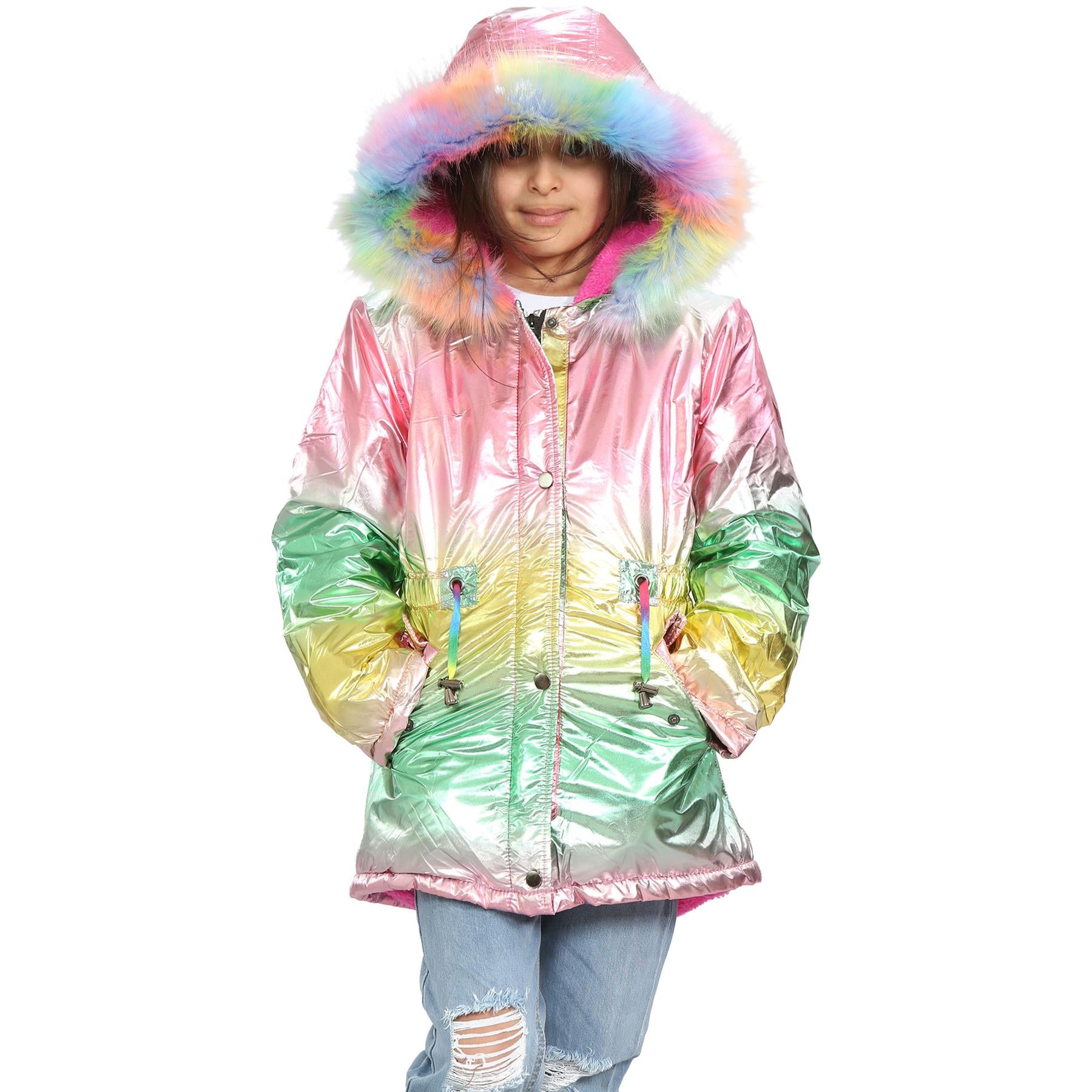 Kids Girls Longline Metallic Coat Foil Rainbow Jacket Fashion