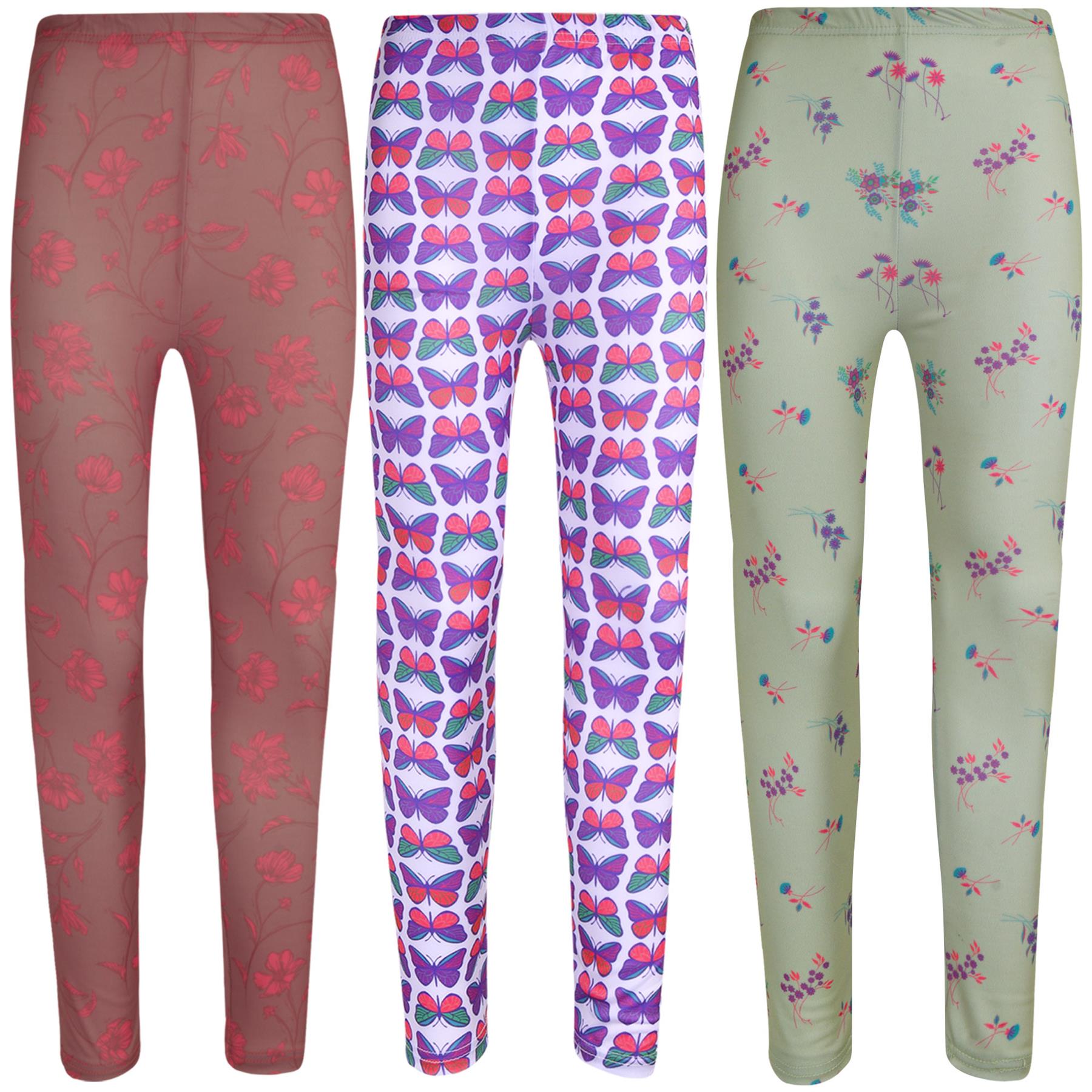 Kids Girls Wild Flowers Butterflies Floral Print Soft Stretchy Leggings