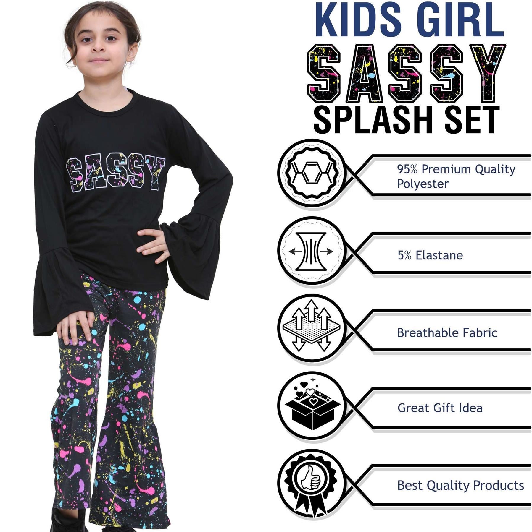 Kids Girls Sassy Print Flared Bell Sleeves T Shirt Top & Legging Set