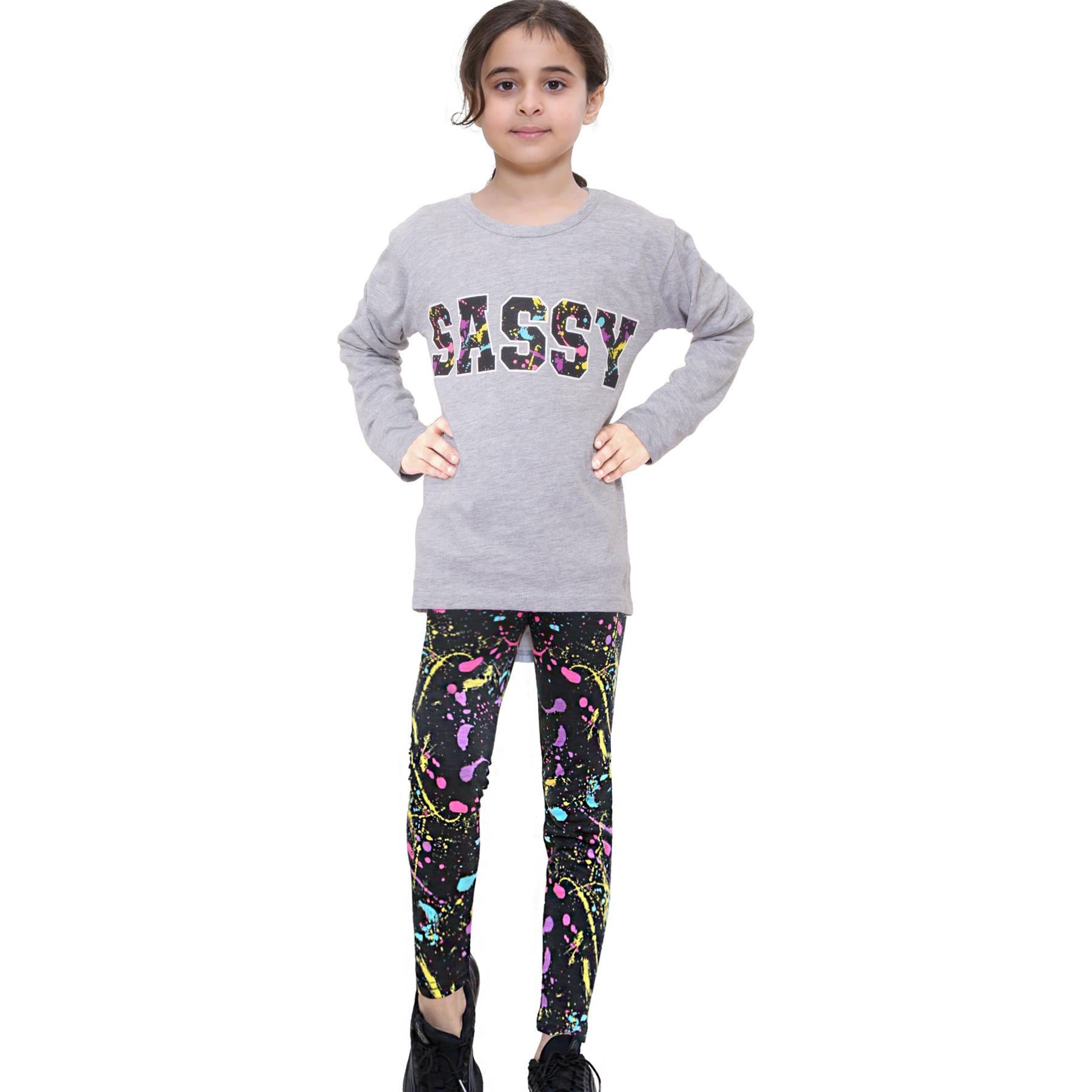 Girls Sassy Print Grey Long Sleeves T Shirt Top & Legging Set