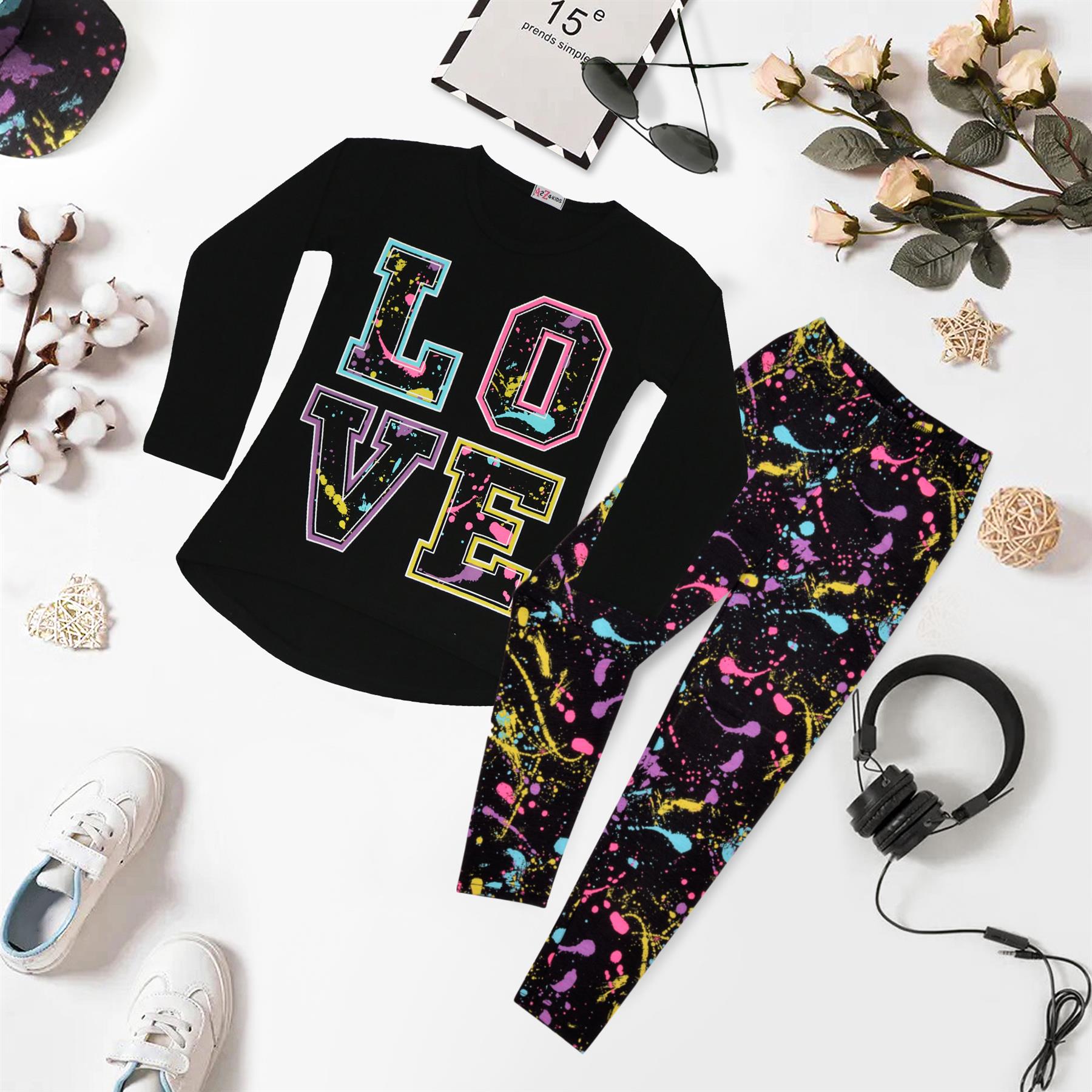 Girls Love Print Black Long Sleeves T Shirt Top & Splash Legging Set