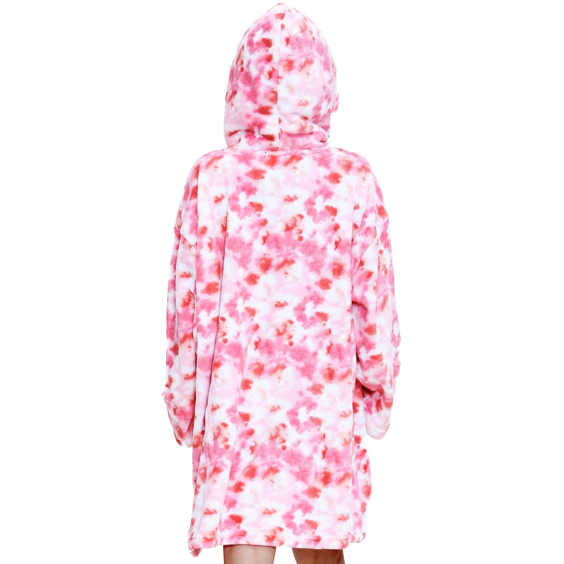 Kids Unisex Oversized Hoodie Snuggle Tie Dye Pink Printed Fleece Blanket