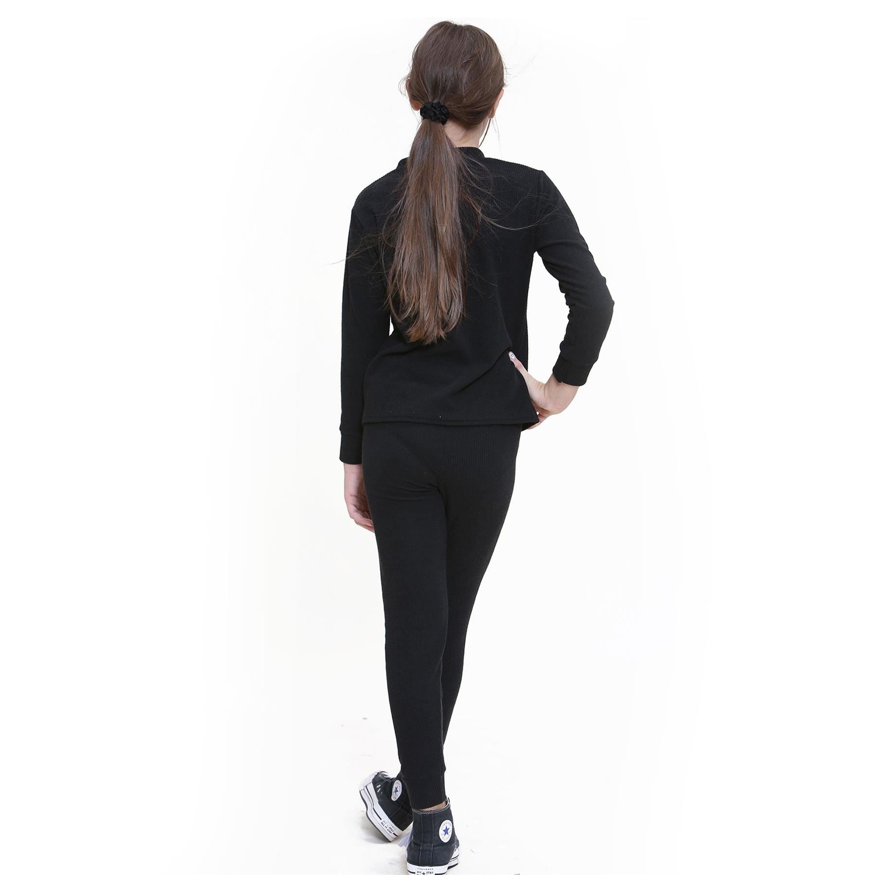 Kids Girls Ribbed Top & Bottom Tracksuit Black Lounge Wear Set