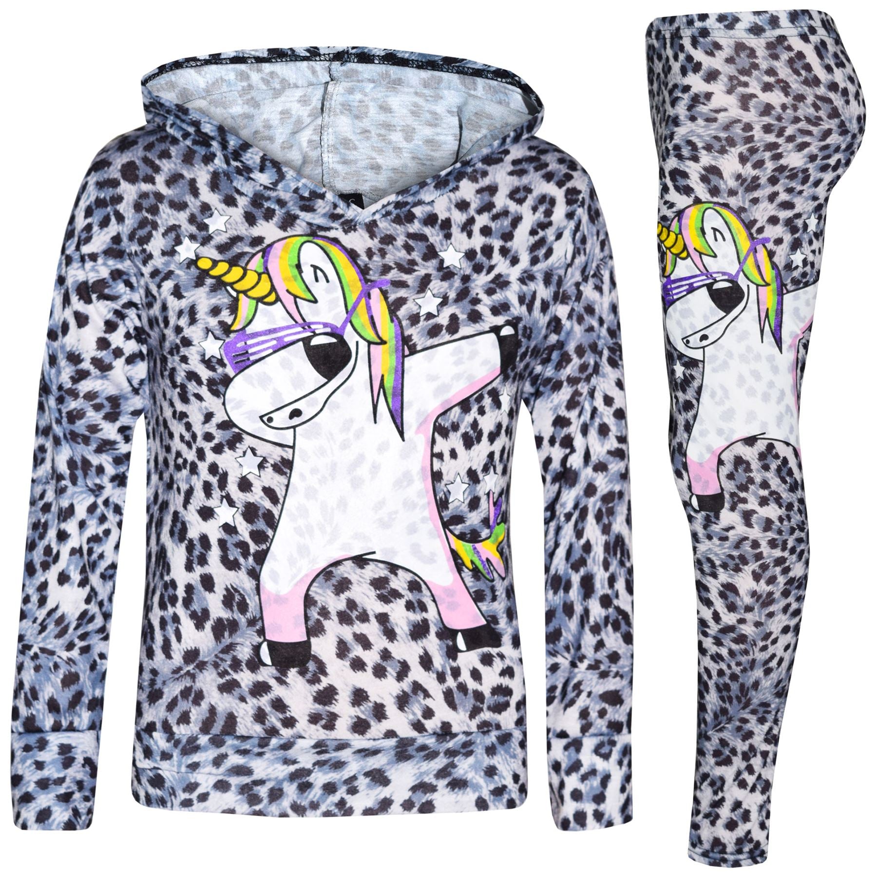 Kids Girls Rainbow Unicorn Dab Floss Hooded Top & Legging Set