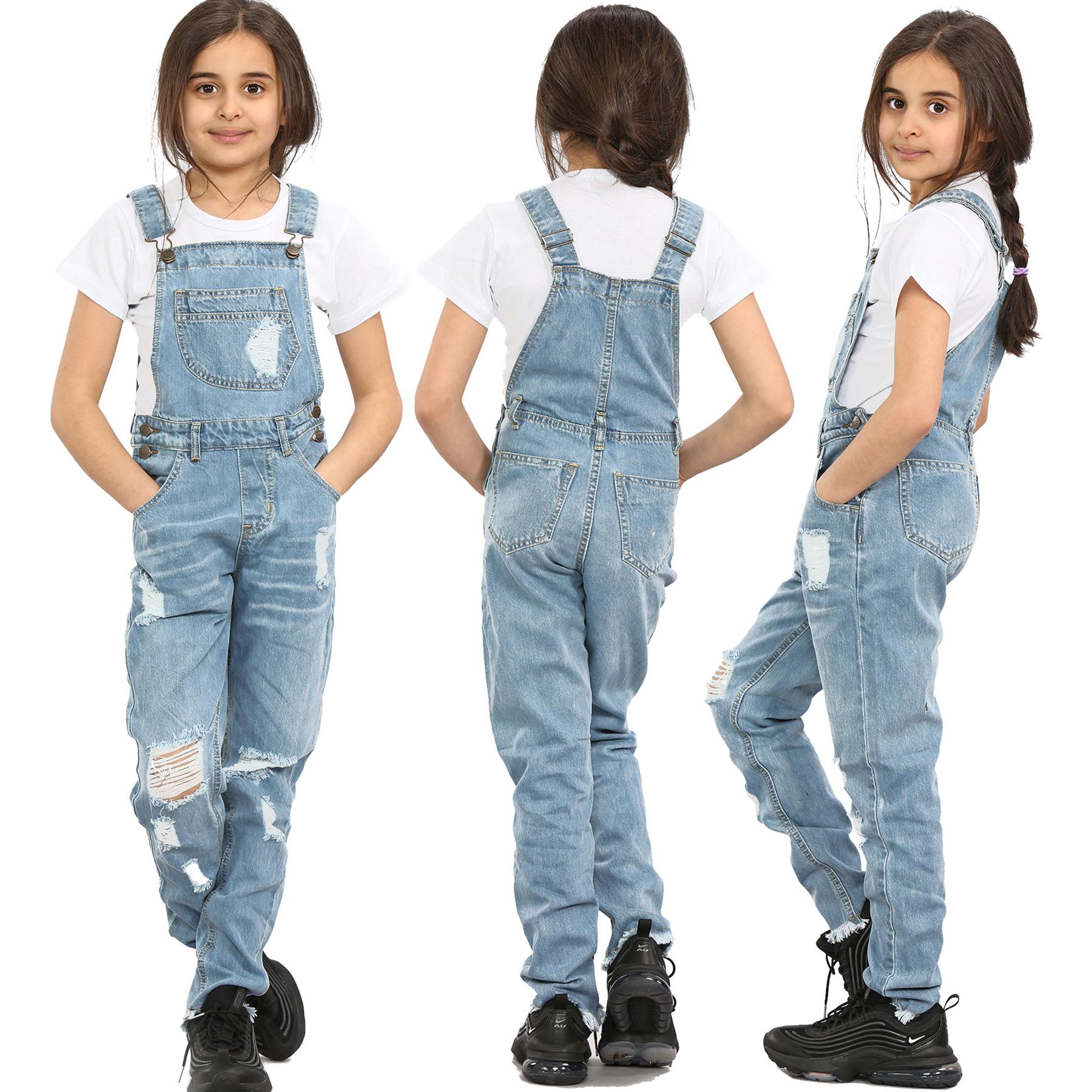 Kids Girls Denim Dungaree Full Length Ripped Jeans - Kids Clothing Store