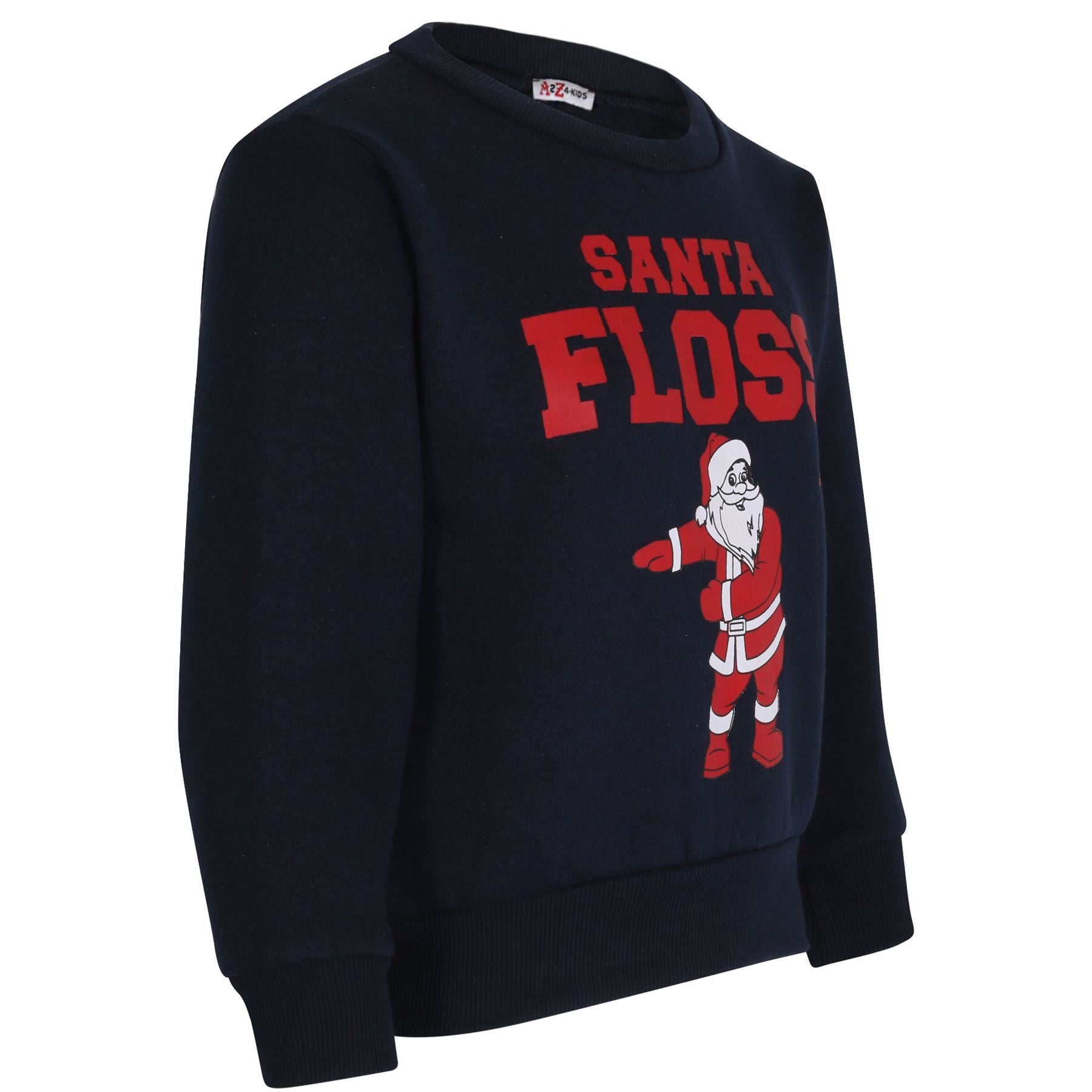 Kids Girls Boys Navy Blue Christmas Jumper Pullover Sweatshirt Santa Floss Print