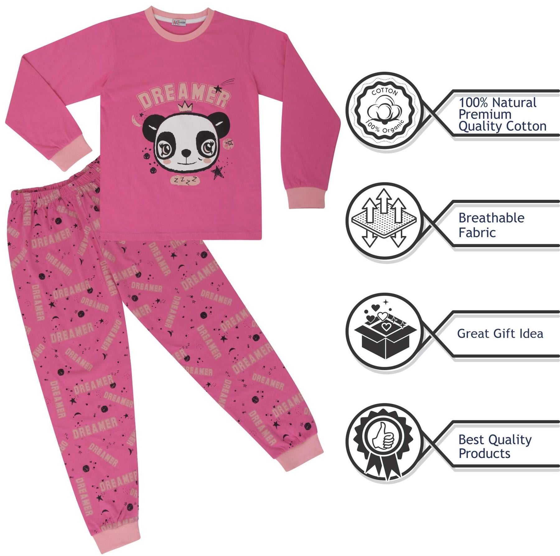 Kids Girls Pyjamas Panda Animal Dreamer Print Pink Lounge Suit Set