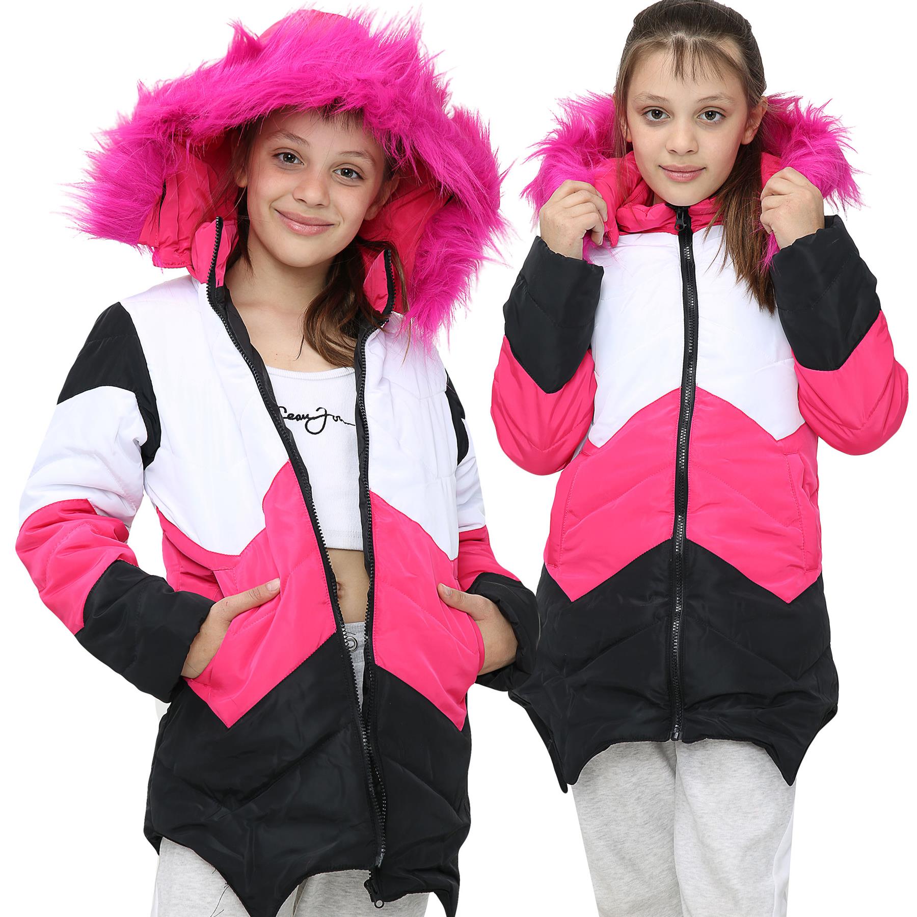 Kids Girls Hooded Contrast Panel Puffer Coat Faux Fur New Fashion - Kids Clothing Store