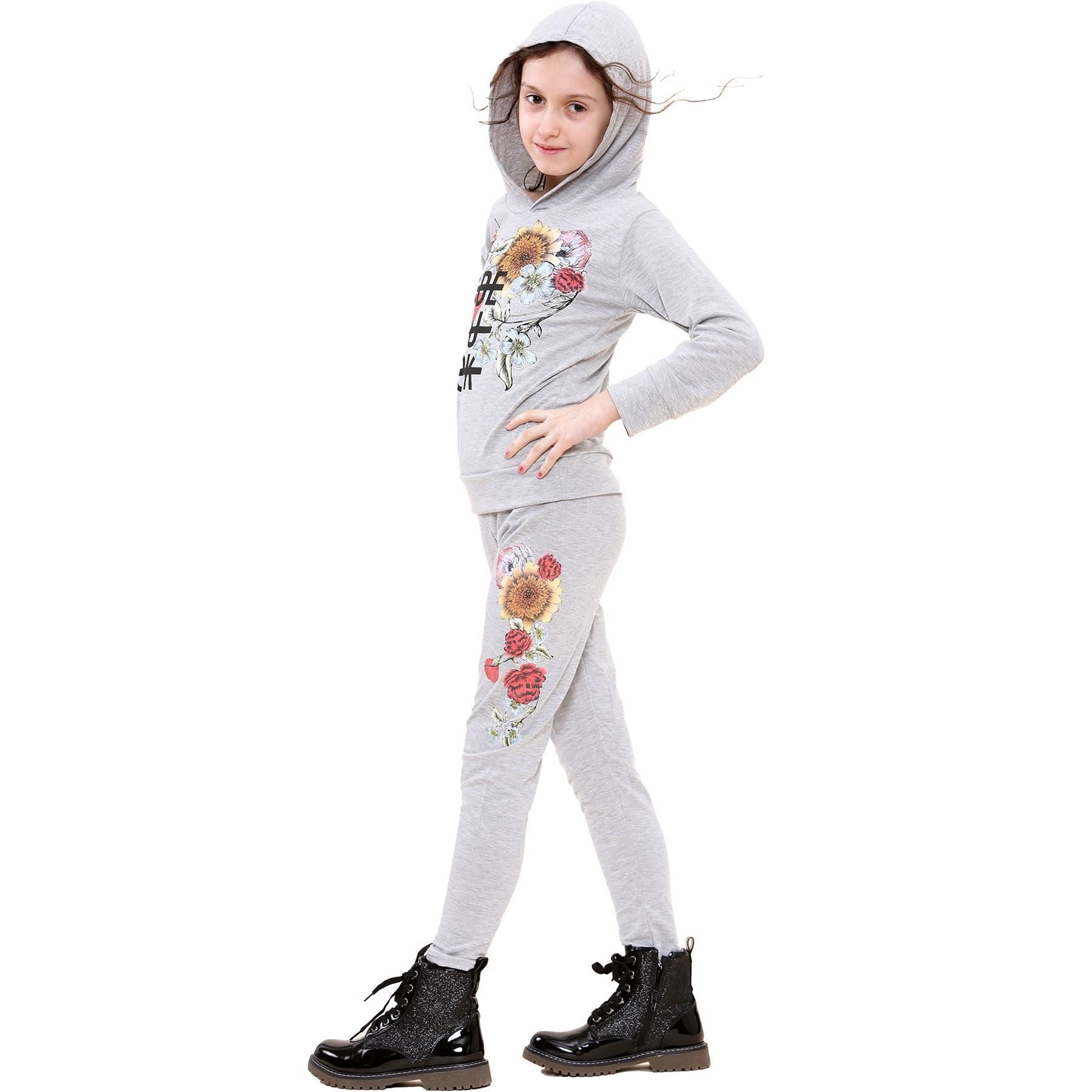 Kids Girls Made You Look Print Grey Hooded Top & Legging Set