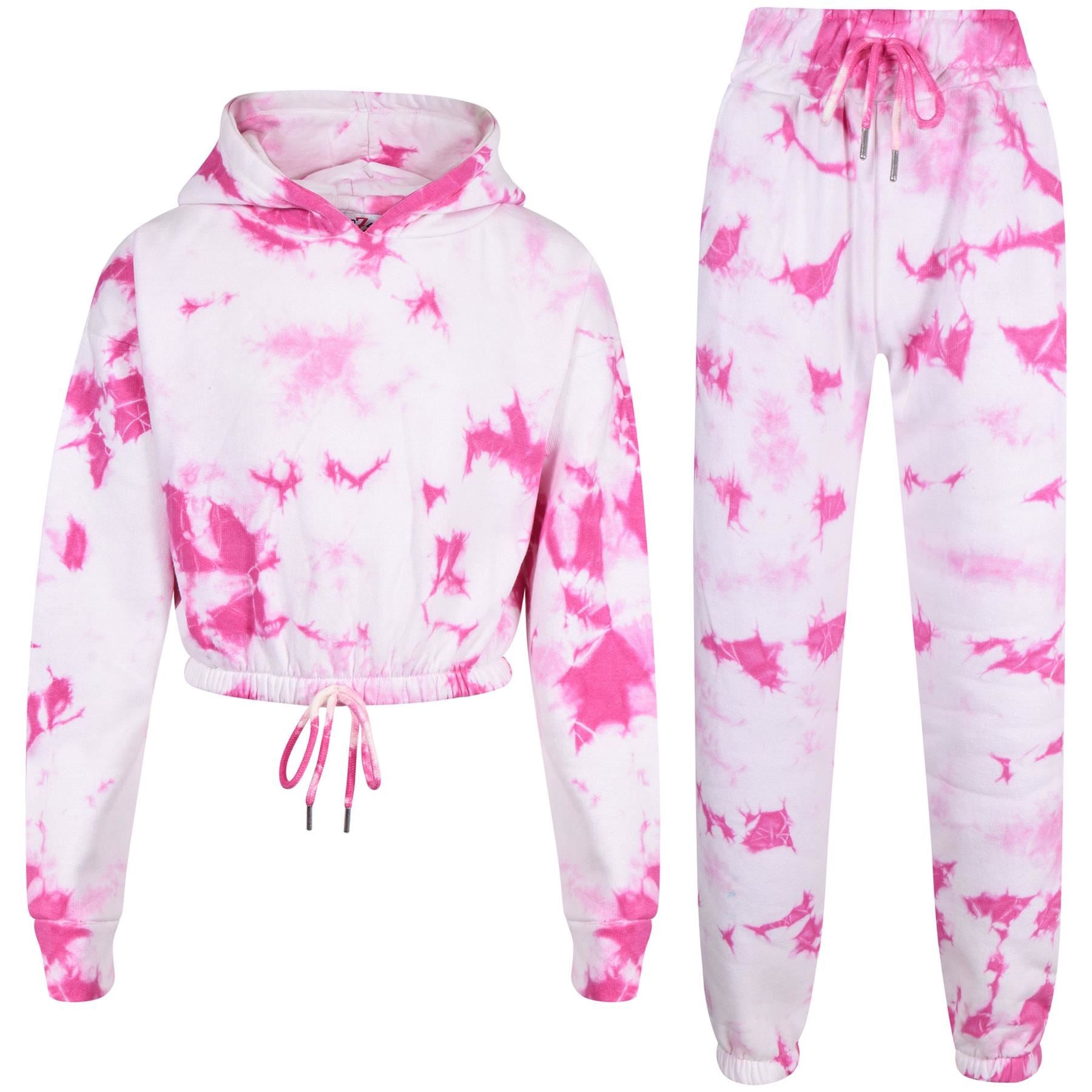 Kids Girls Tie Dye Printed Pink Cropped Hoodie & Bottom Tracksuit