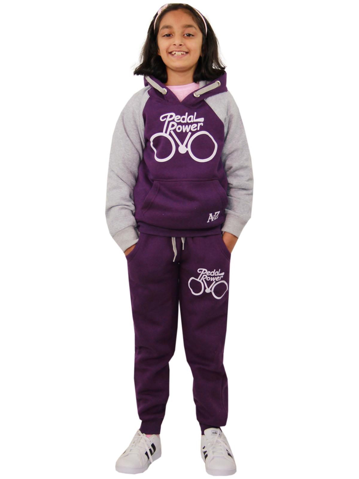 Kids Girls Pedal Power Print Hooded Purple And Grey Tracksuit