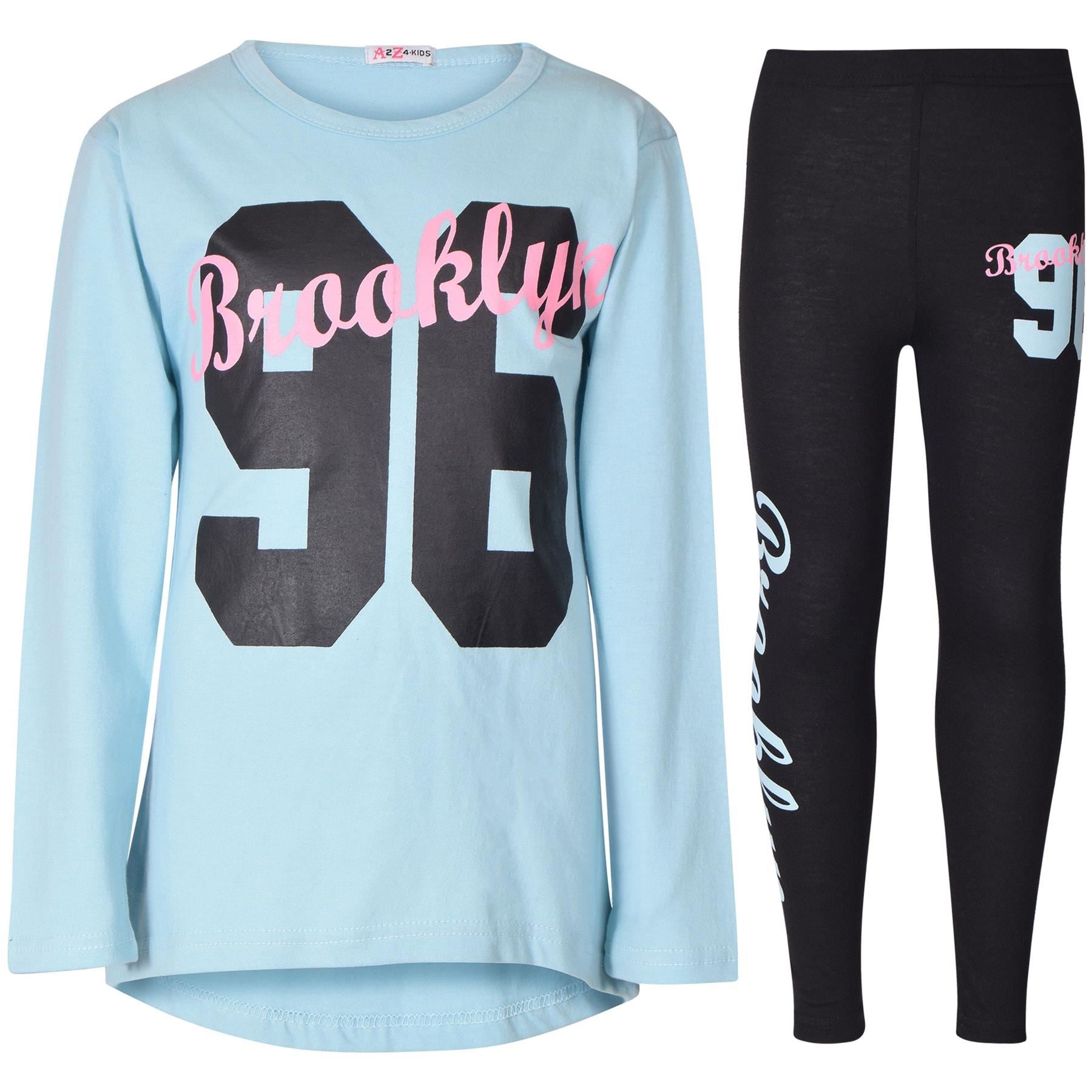 Girls Brooklyn Print Aqua Long Sleeves T Shirt Top & Legging Set