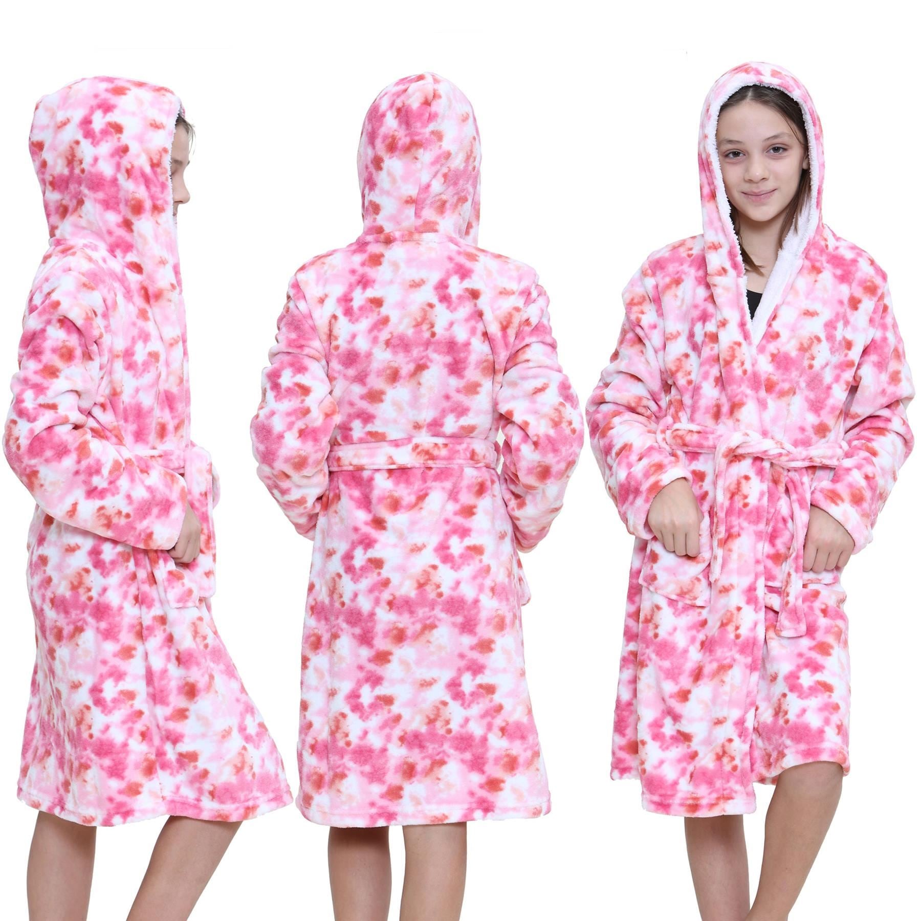 Girls Soft Tie Dye Pink Printed Hooded Robe