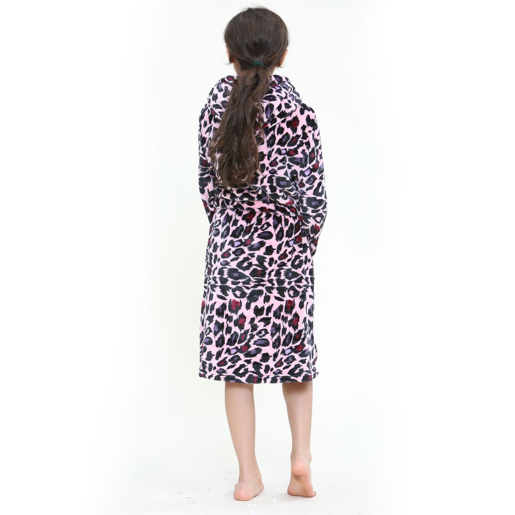 Kids Girls Leopard Print Soft Baby Pink Hooded Robe