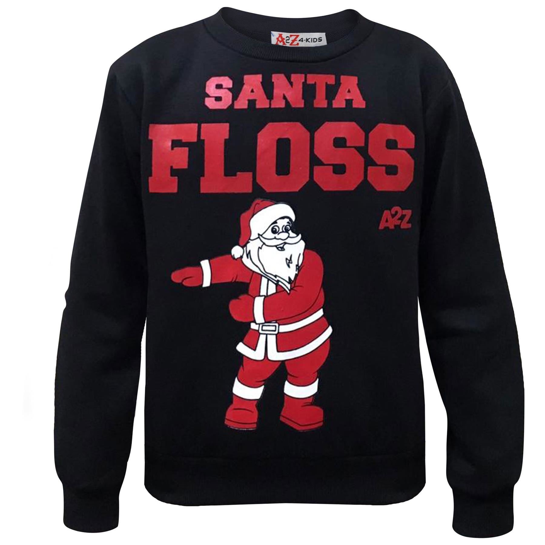 Kids Girls Boys Black Christmas Jumper Pullover Sweatshirt Santa Floss Print
