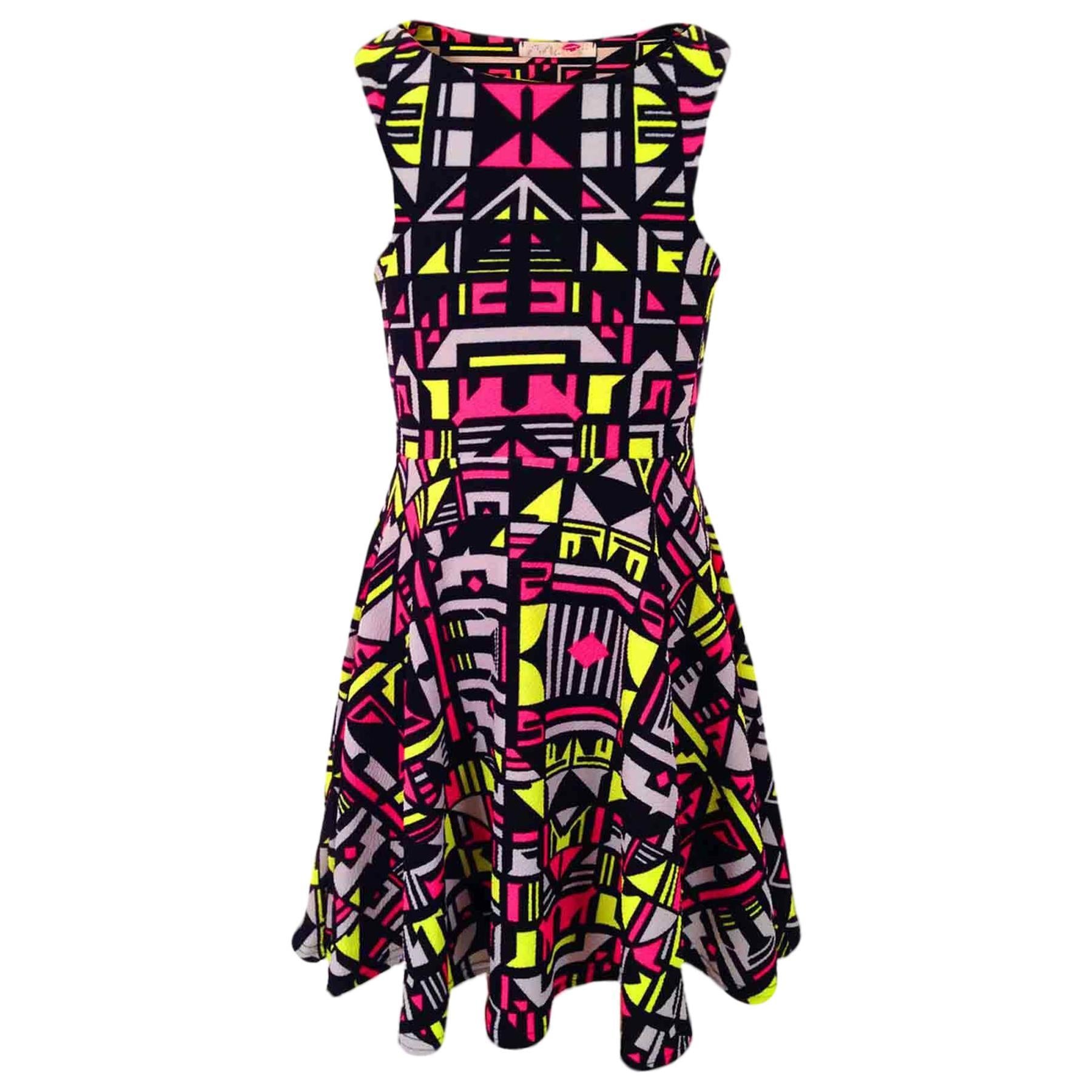Kids Neon Pink & Yellow Aztec Tribal Print Skater Skirt Midi Dress & Crop Top