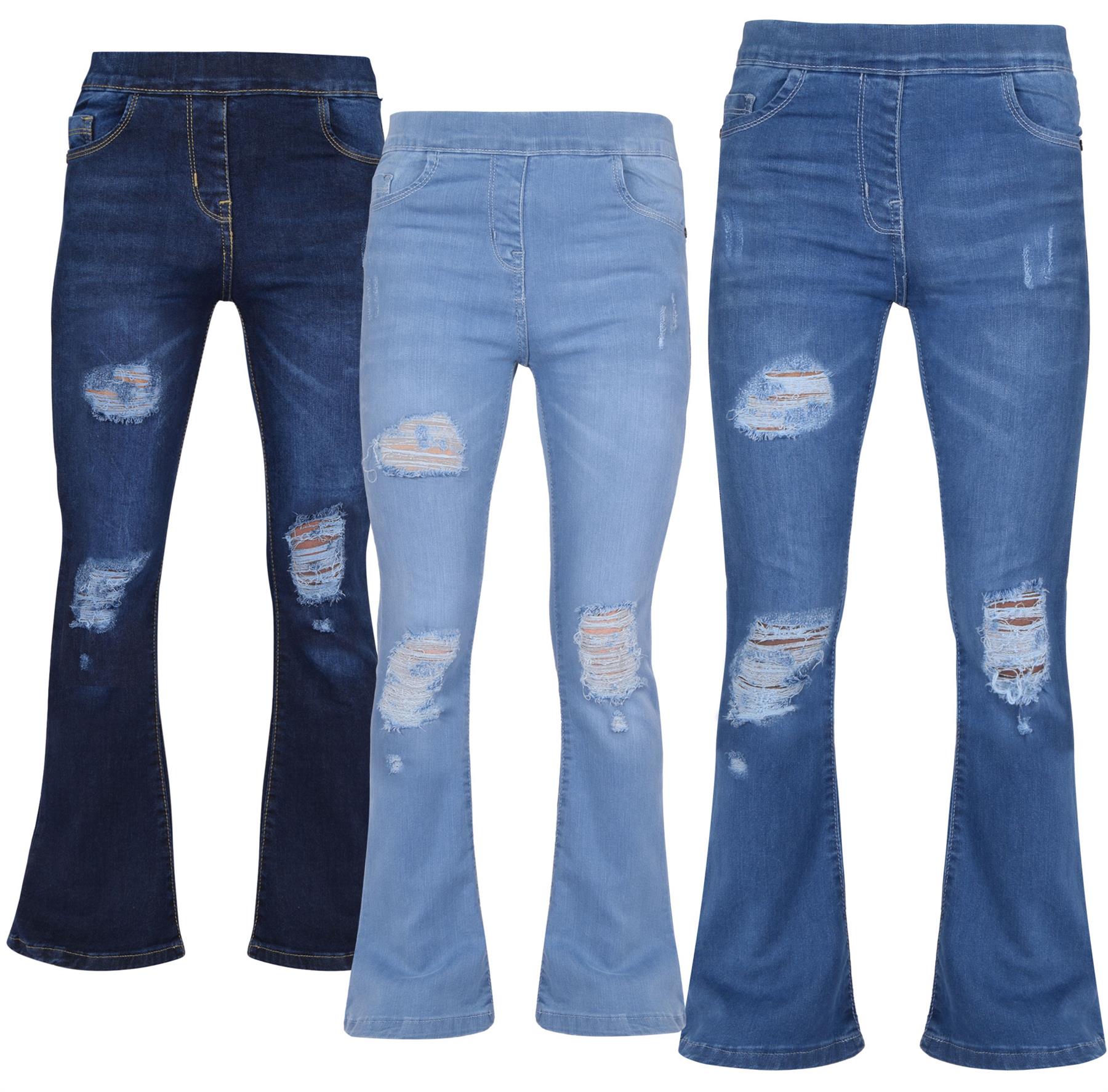 Kids Girls Comfort Stretchy Flared Bell Bottom Ripped Denim Jeans