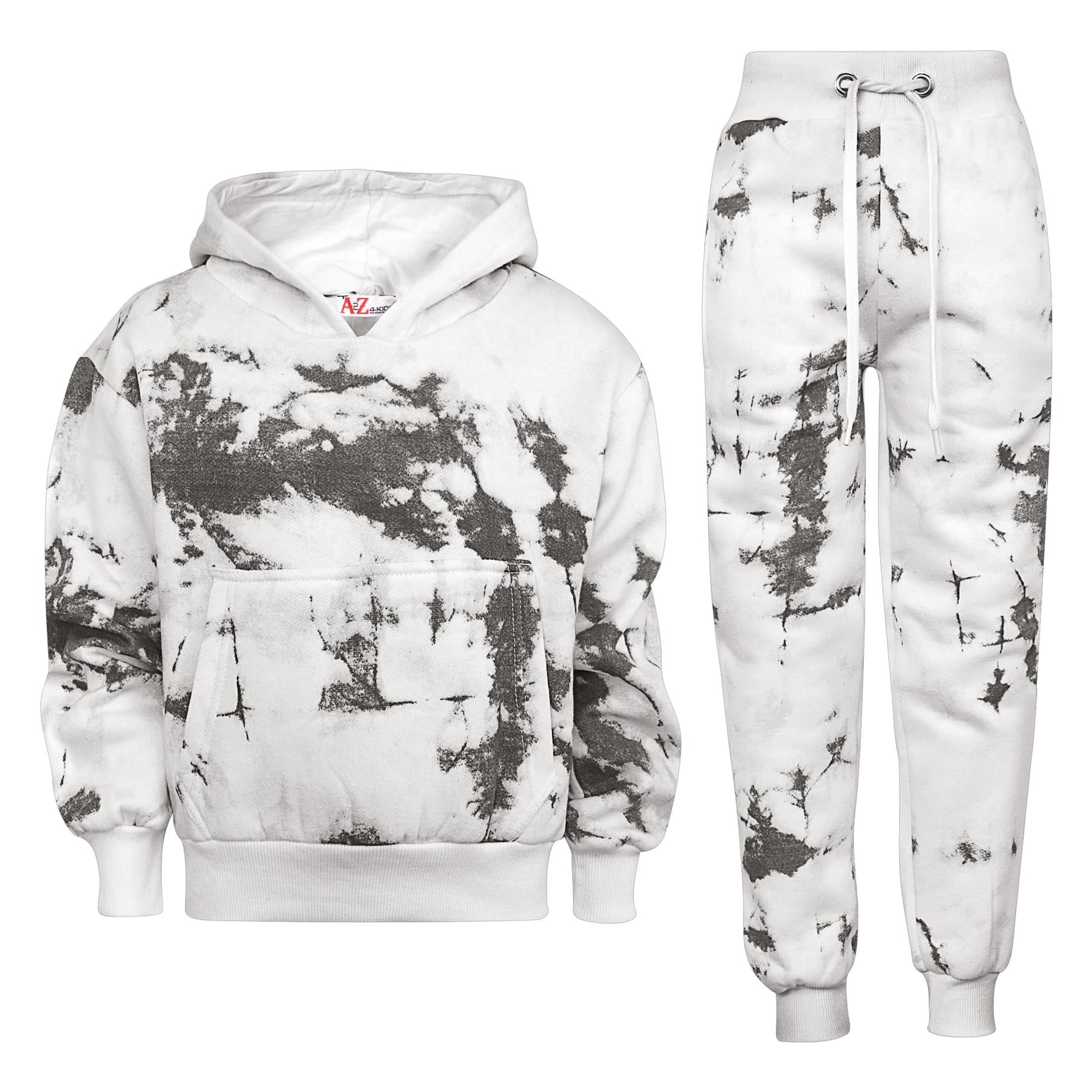 Kids Girls Black Tie Dye Print Fleece Hooded Tracksuit