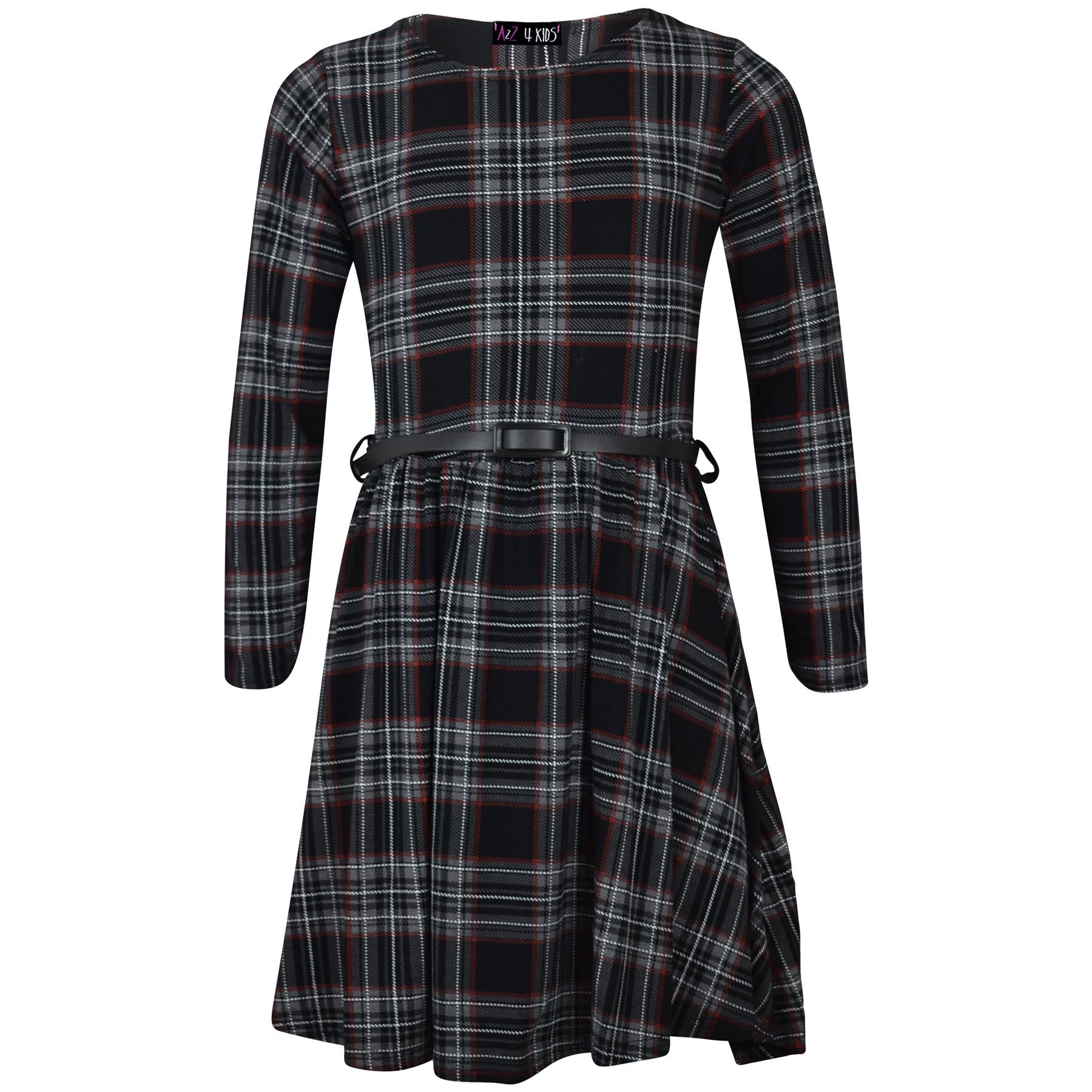 Kids Girls Skater Dress Long Sleeves Tartan Print Party