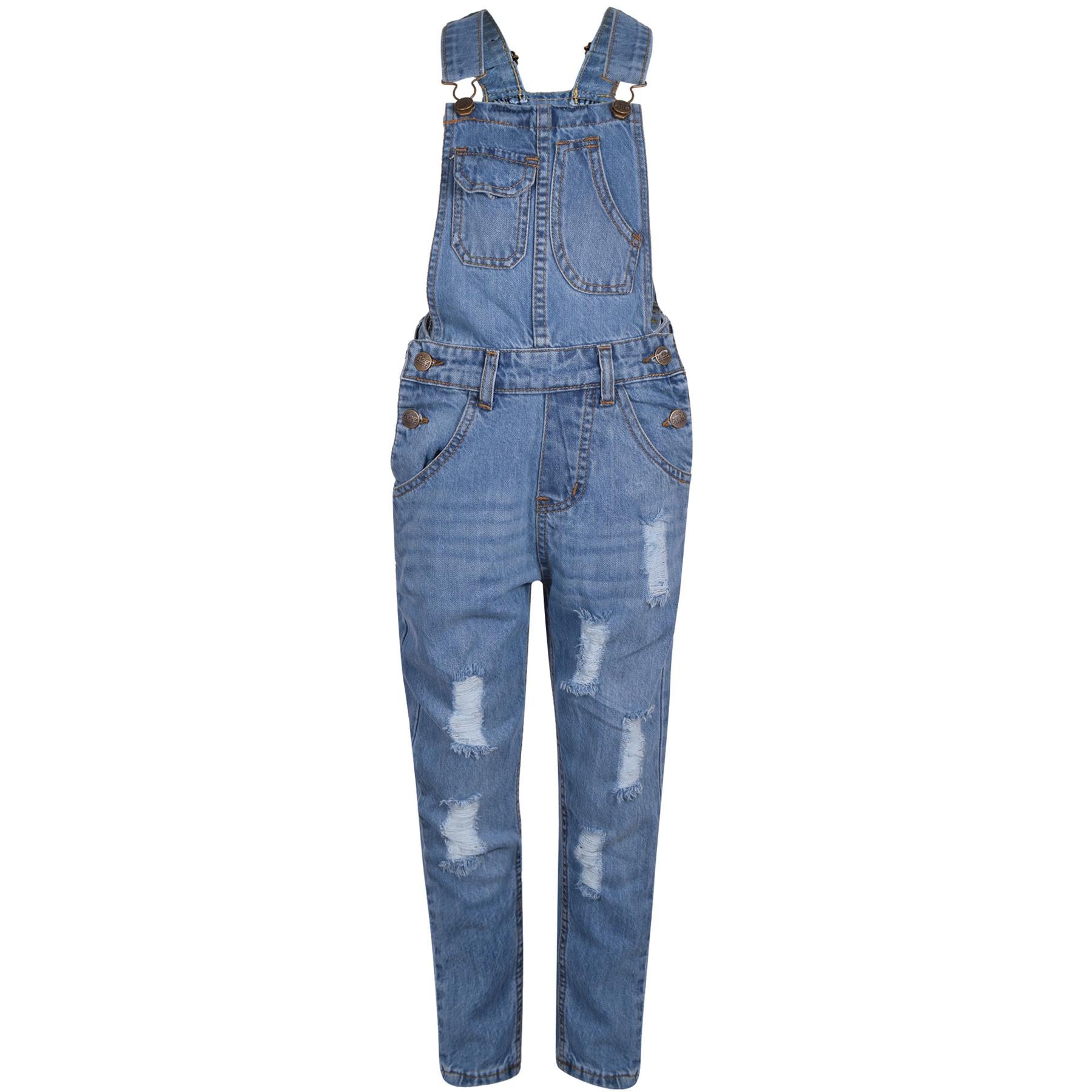 Kids Girls Denim Dungaree Full Length Light Blue Jeans Jumpsuit