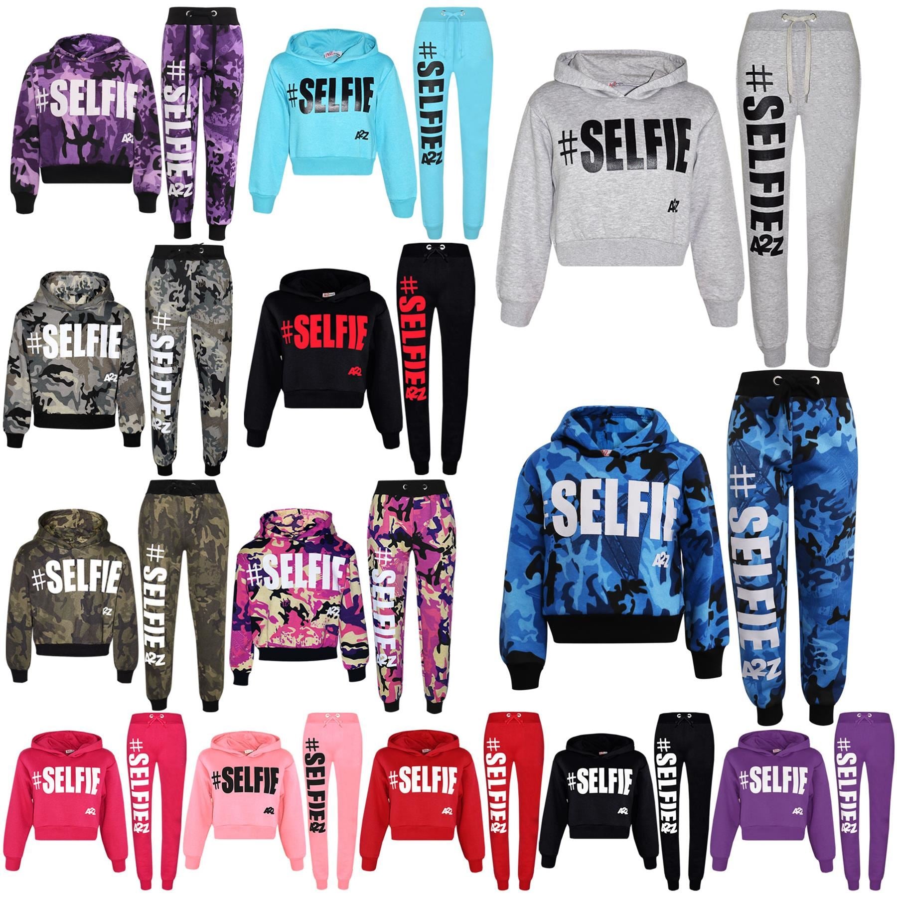 Kids Girls #Selfie Printed Hooded Crop Top & Bottom Jogging Suit