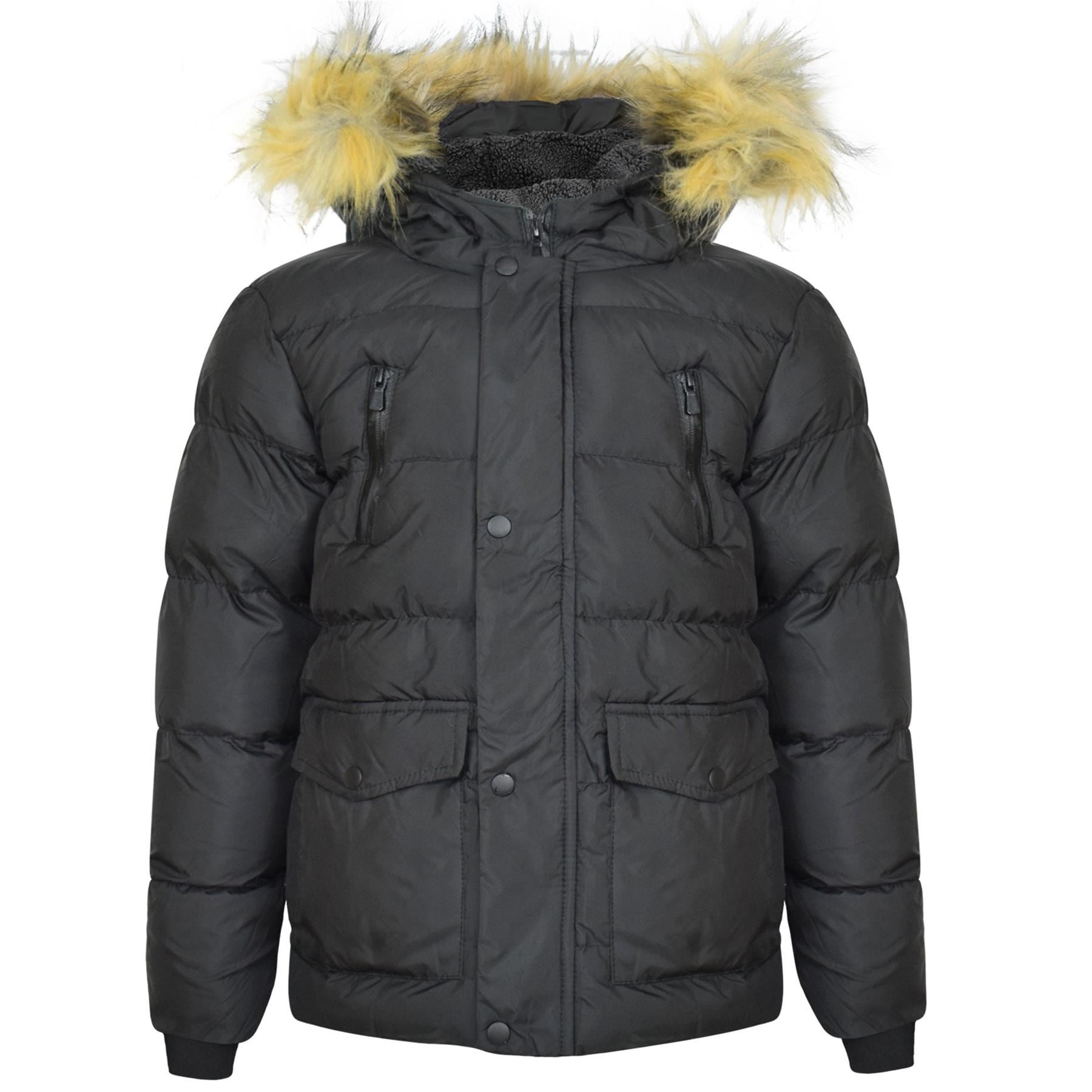 Kids Boys Black Fleece Lined Jacket Padded Winter Hooded