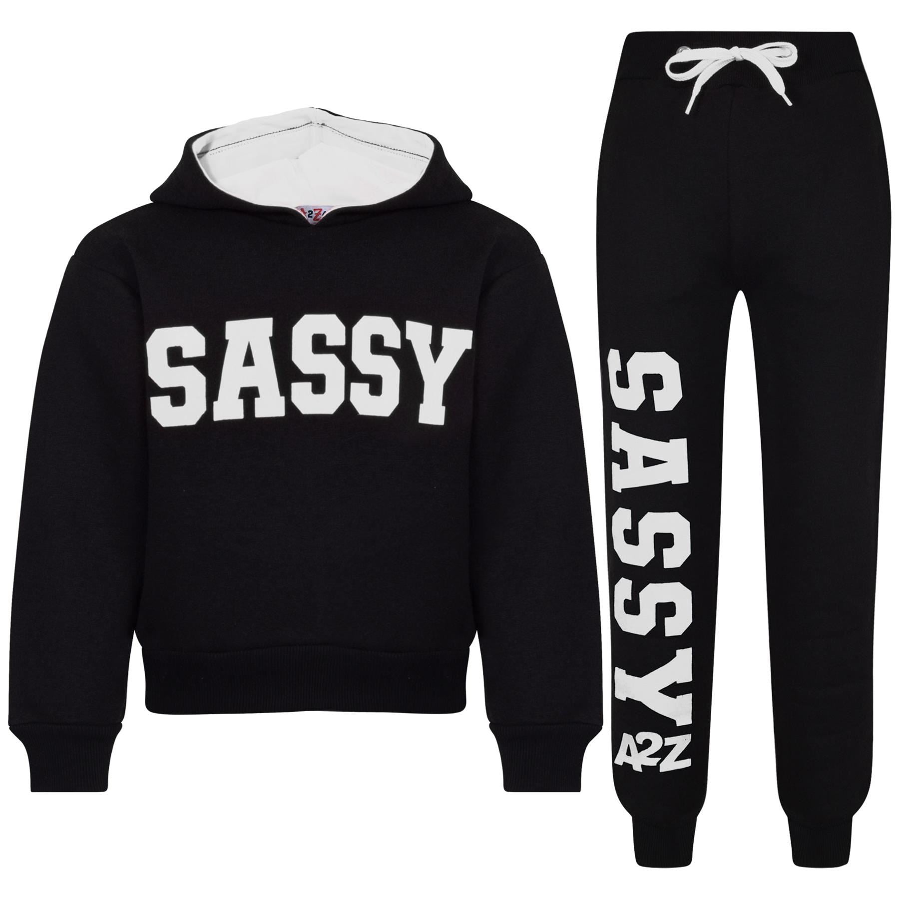 Kids Girls Sassy Print Tracksuit Black & White Hooded Top & Bottom Jogging Suit