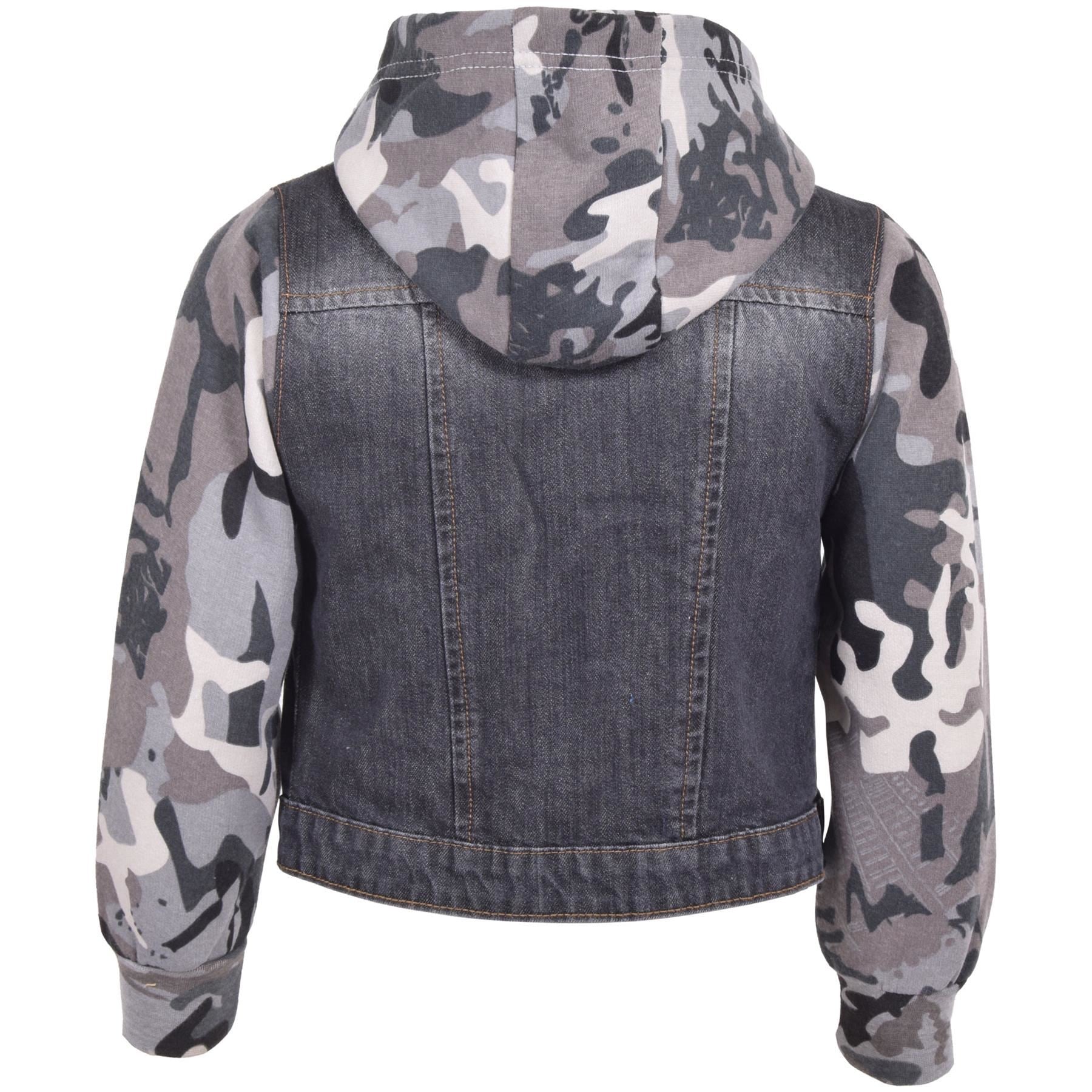 Kids Boys Denim Camo Charcoal Jacket Fleece Sleeves & Hood Fashion Jacket Coats