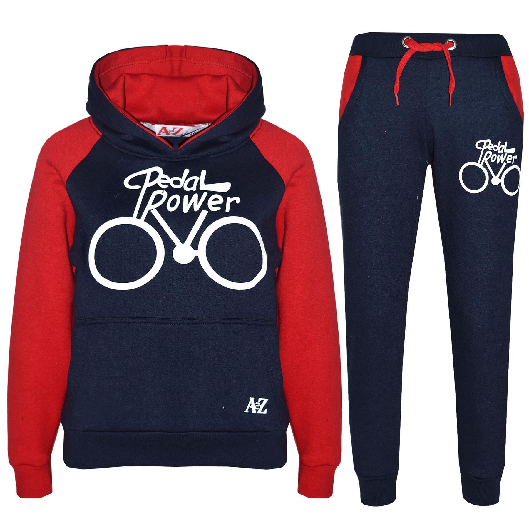 Kids Unisex Pedal Power Print Hooded Navy & Red Tracksuit