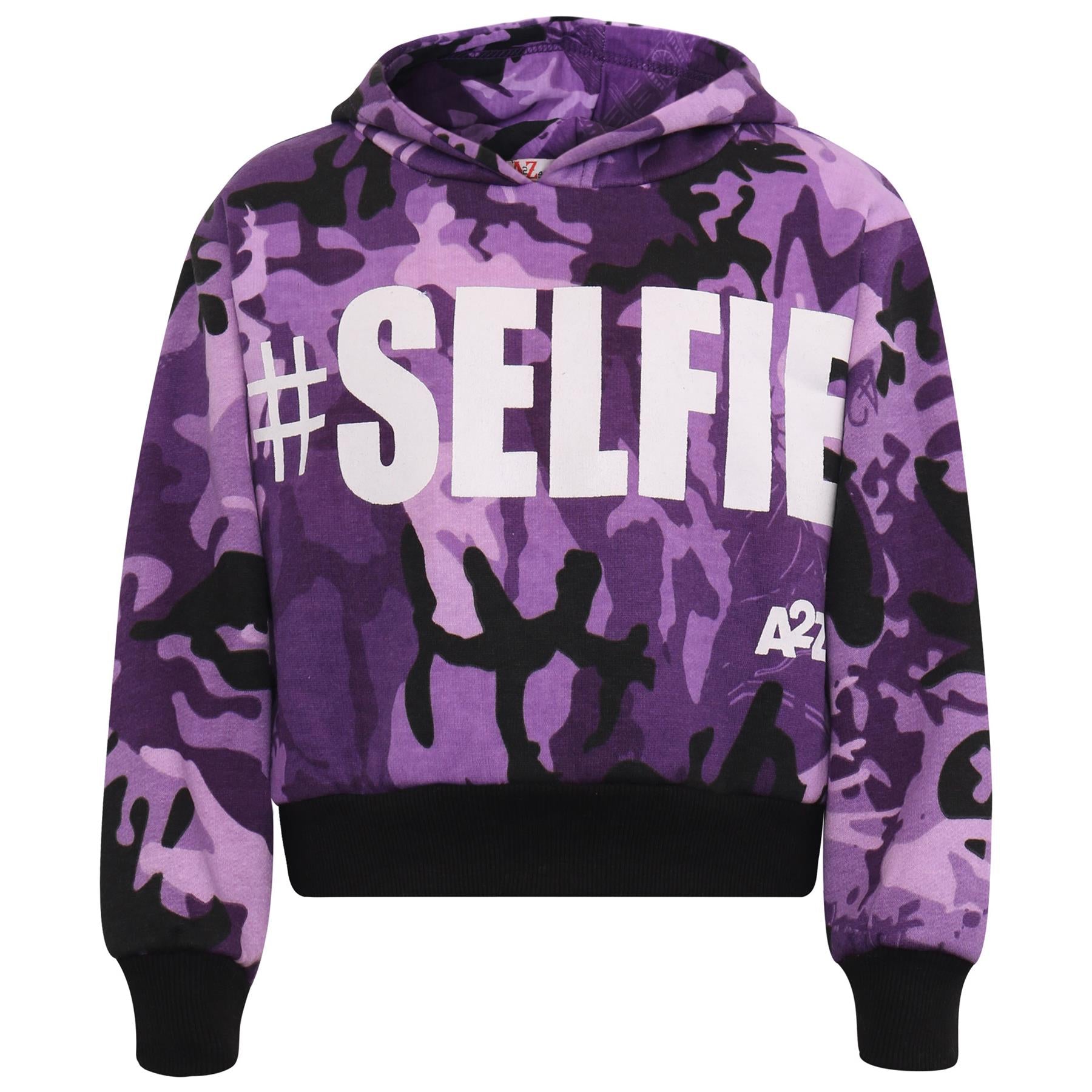 Kids Girls #Selfie Printed Hooded Crop Top & Bottom Jogging Suit