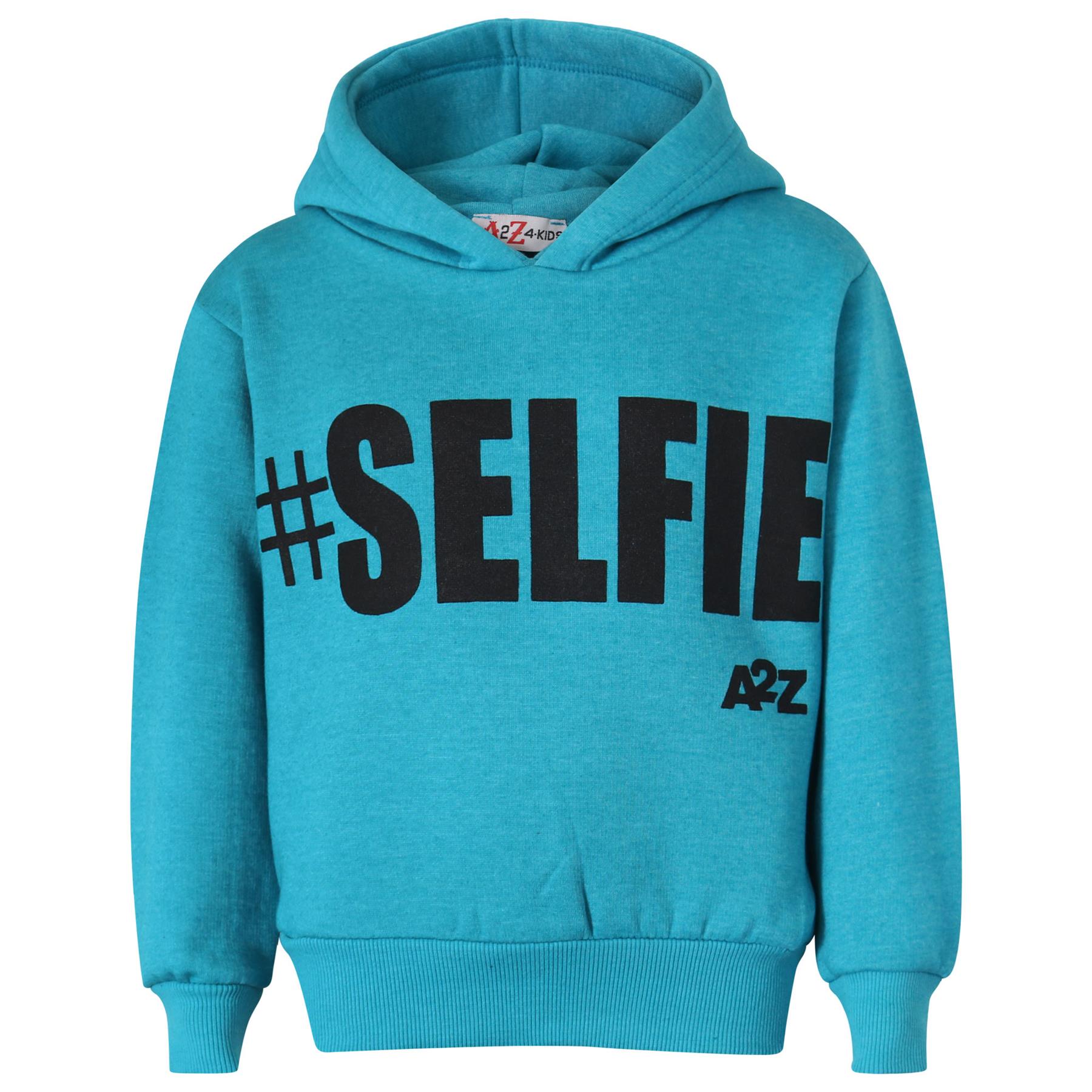 Kids Girls #Selfie Print Aqua Hooded Hoodie