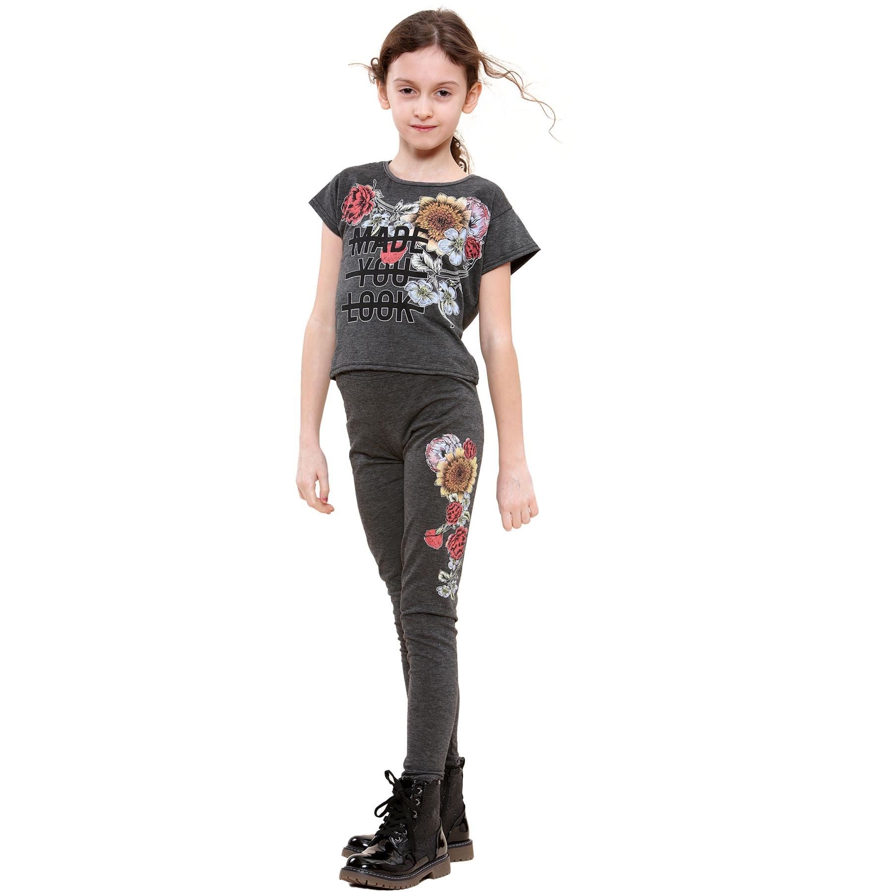 Kids Girls Made You Look Print Charcoal T Shirt Top & Legging Set