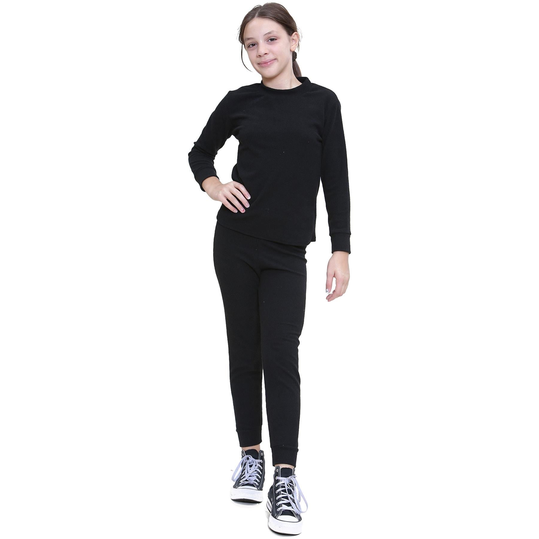 Kids Girls Ribbed Top & Bottom Tracksuit Black Lounge Wear Set