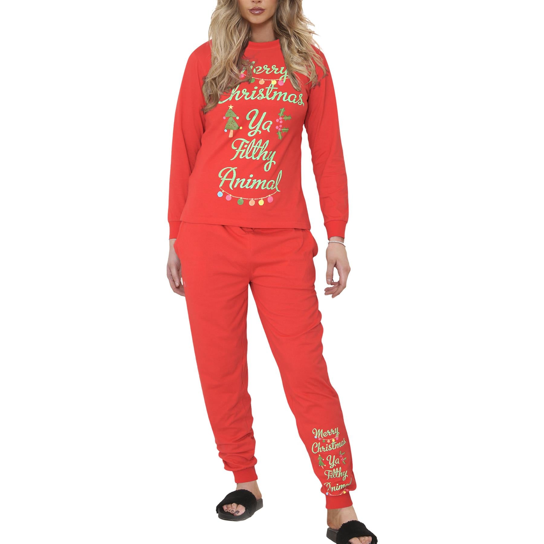 Ladies Christmas Pyjamas Red Ya Filthy Animal Printed PJs Xmas Set Lounge Suit