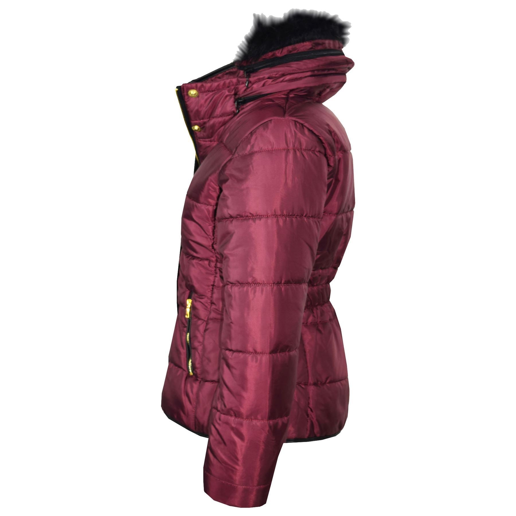Kids Girls Puffer Quilted Coat Wine Hooded Faux Fur Jacket