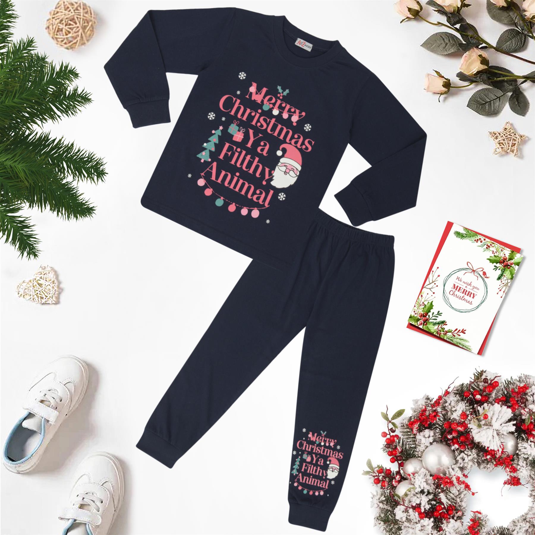 Kids Girls Christmas Pyjamas Ya Filthy Animal Print Navy Lounge Suit