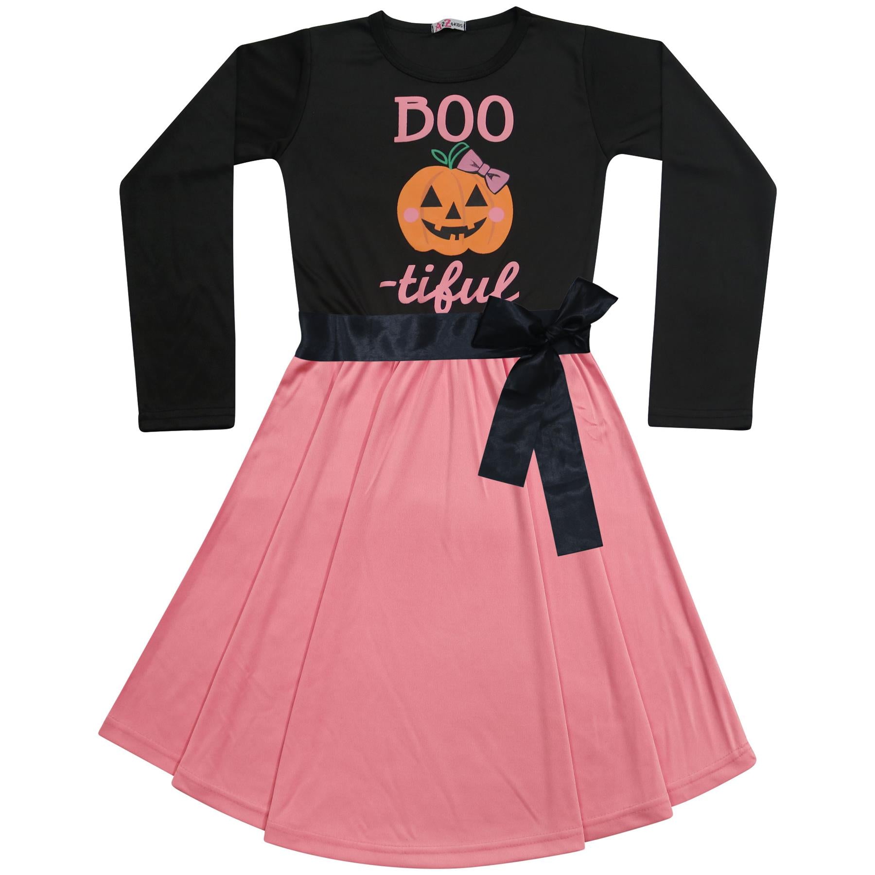 Girls Long Sleeves Black Panelled Pumpkin Print Halloween Skater Dress