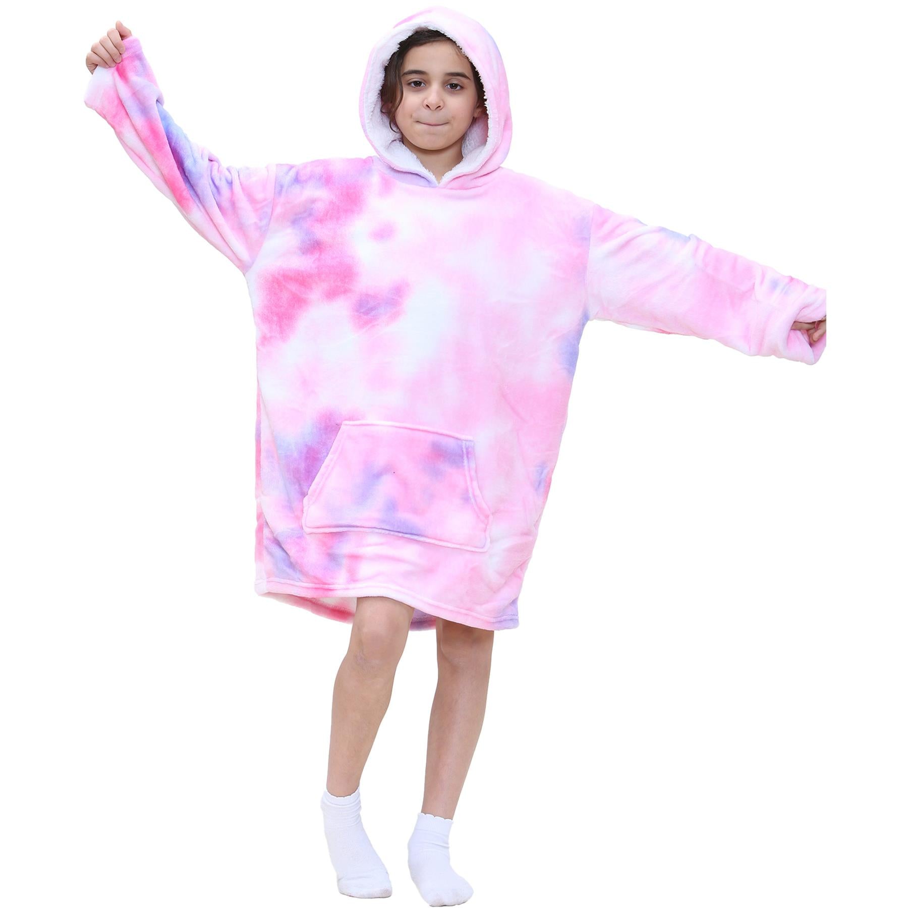 Kids Unisex Oversized Hoodie Snuggle Tie Dye Pink Printed Fleece Blanket