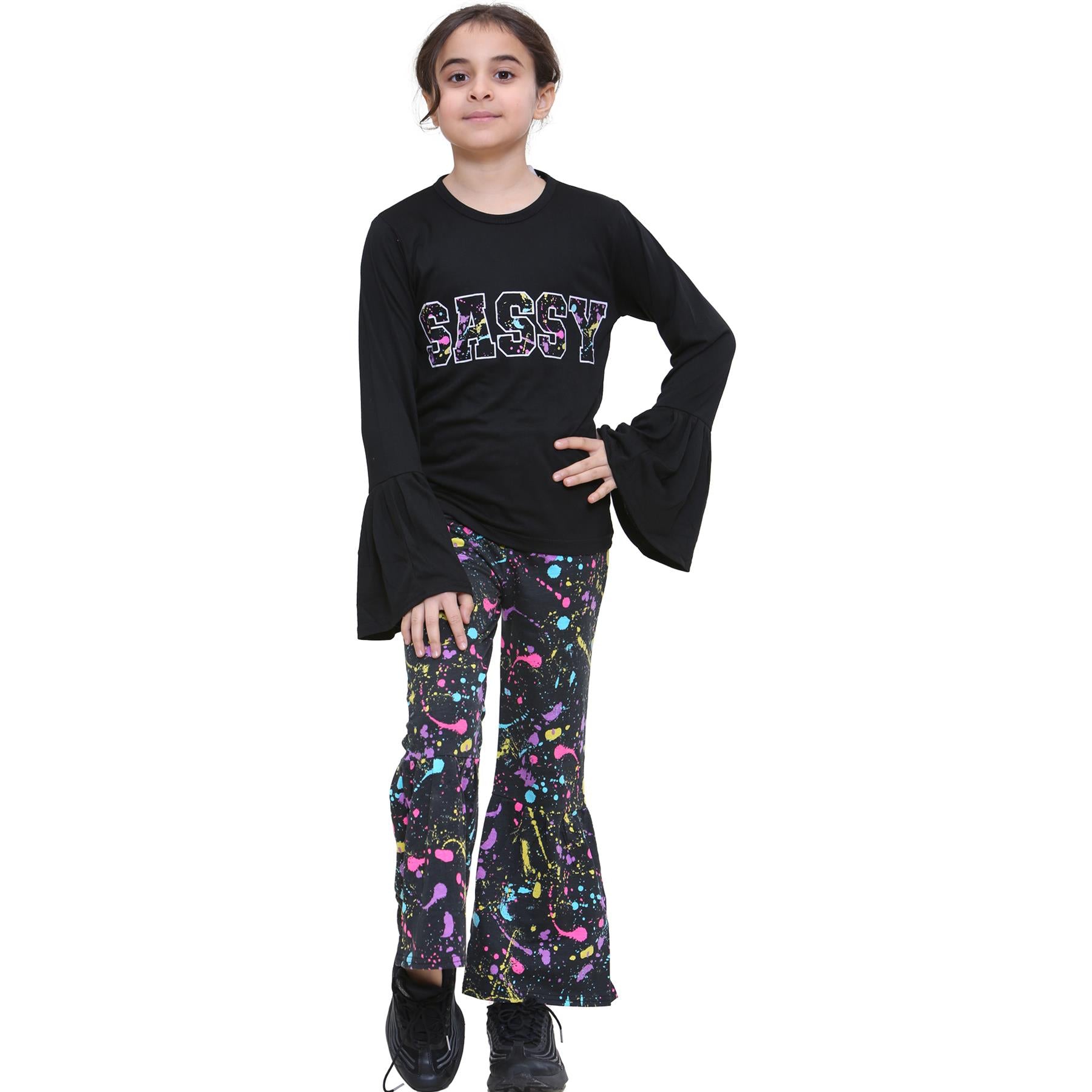 Kids Girls Sassy Print Flared Bell Sleeves T Shirt Top & Legging Set