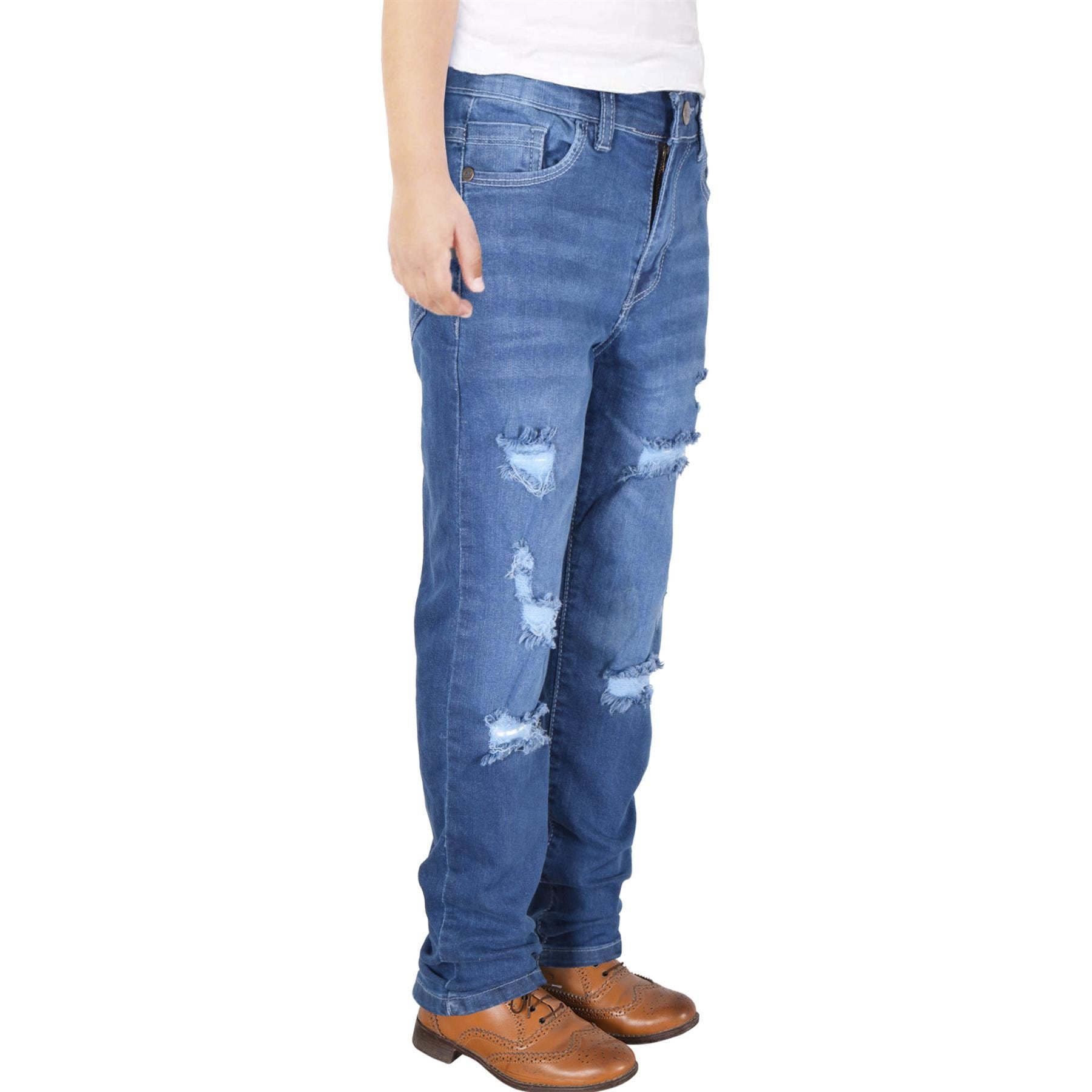 Kids Boys Relaxed Straight Fit Boot Cut Mid Blue Ripped Jeans