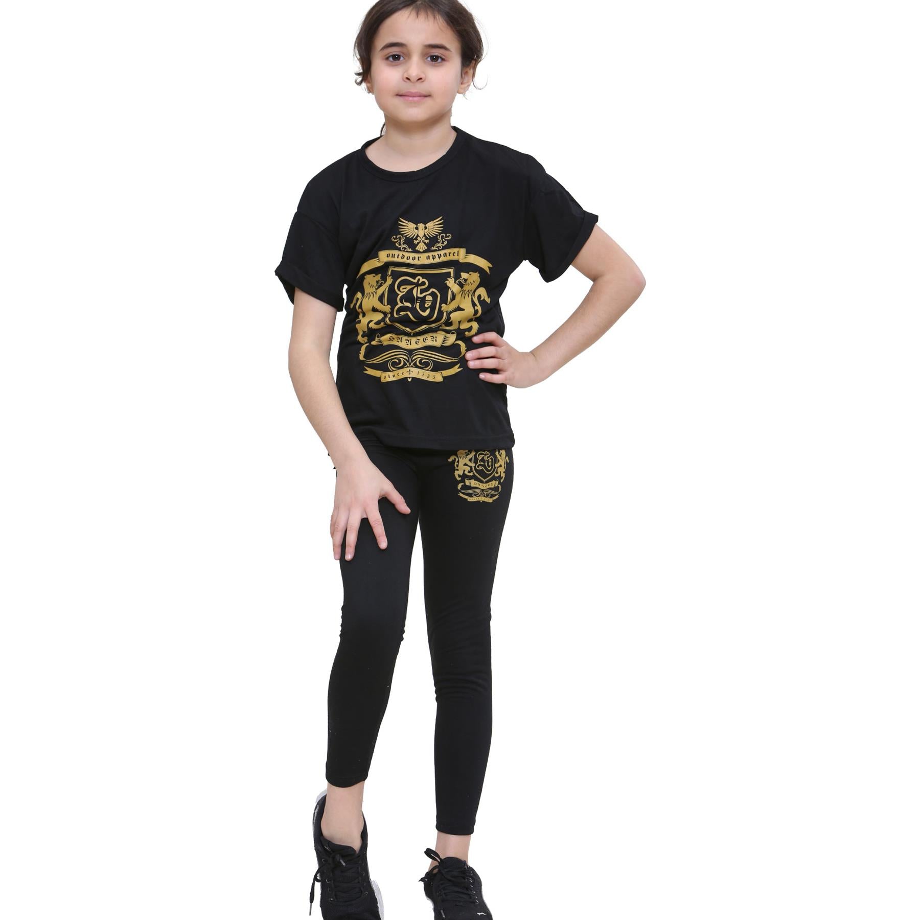Kids Girls Varsity Lion Print Black T Shirt Top & Legging Set