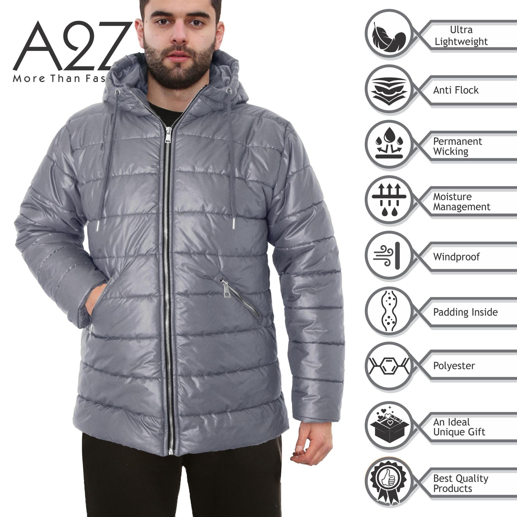 A2Z Ladies Zipped Pockets Hooded Long Sleeves Steel Grey Padded Puffer Jacket