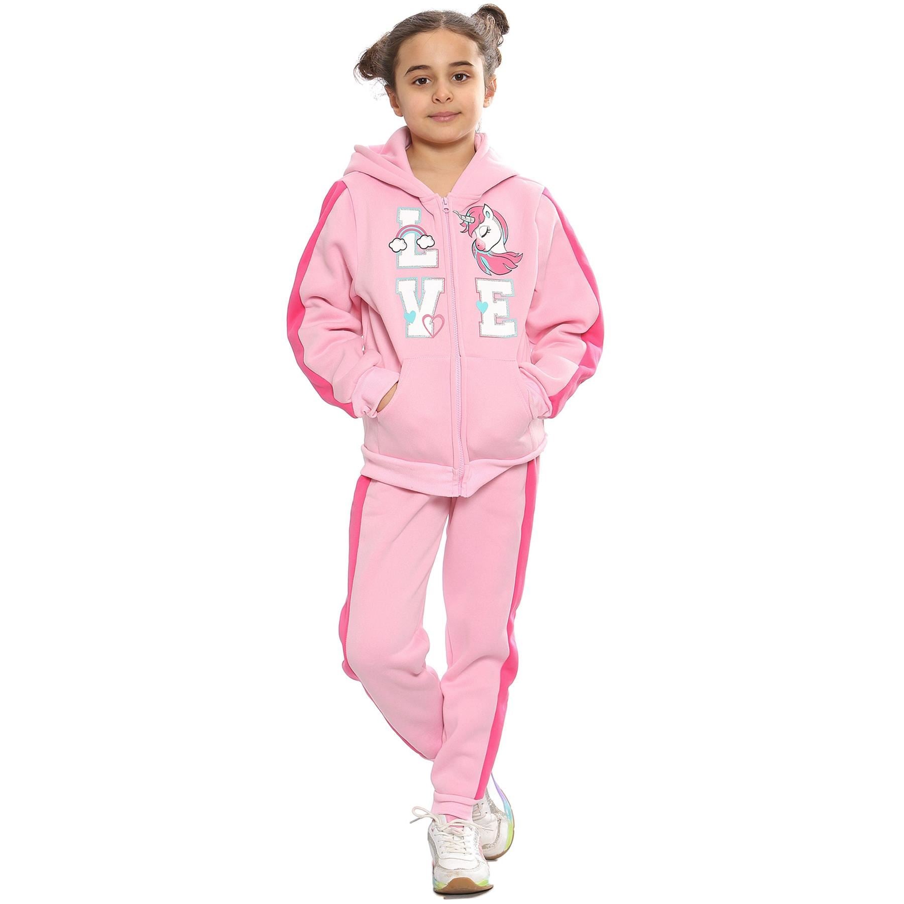 Kids Girls Love 2 Piece Baby Pink Fleece Zipper Tracksuit