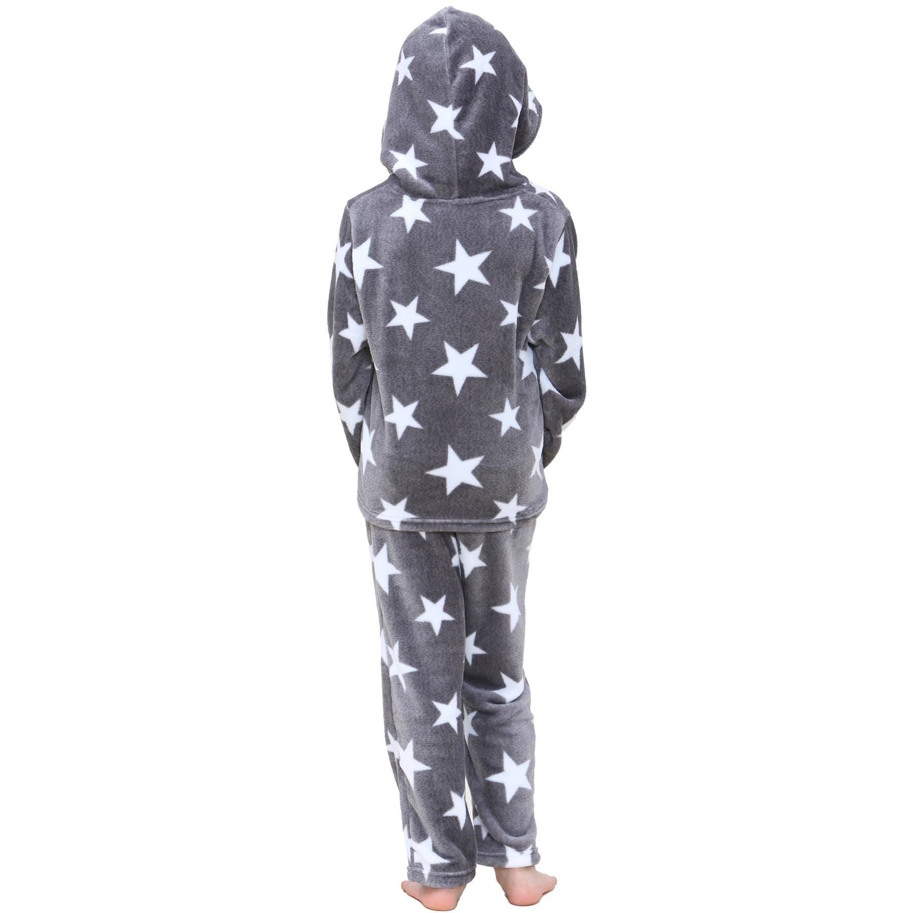 Kids Girls Stars Print Grey Pyjama Extra Soft Flannel Fleece Hooded PJS Set