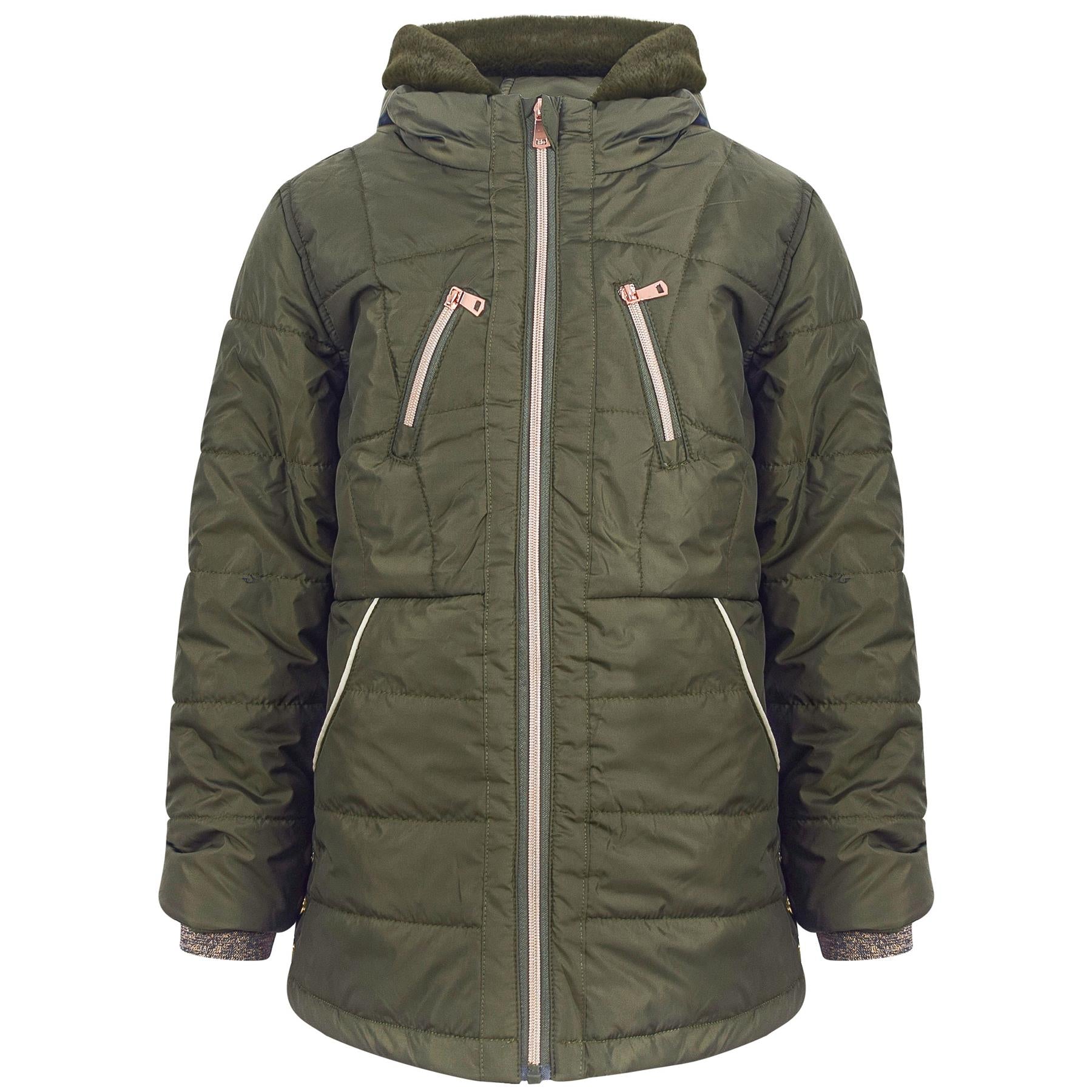 Kids Girls Longline Olive Padded Jacket