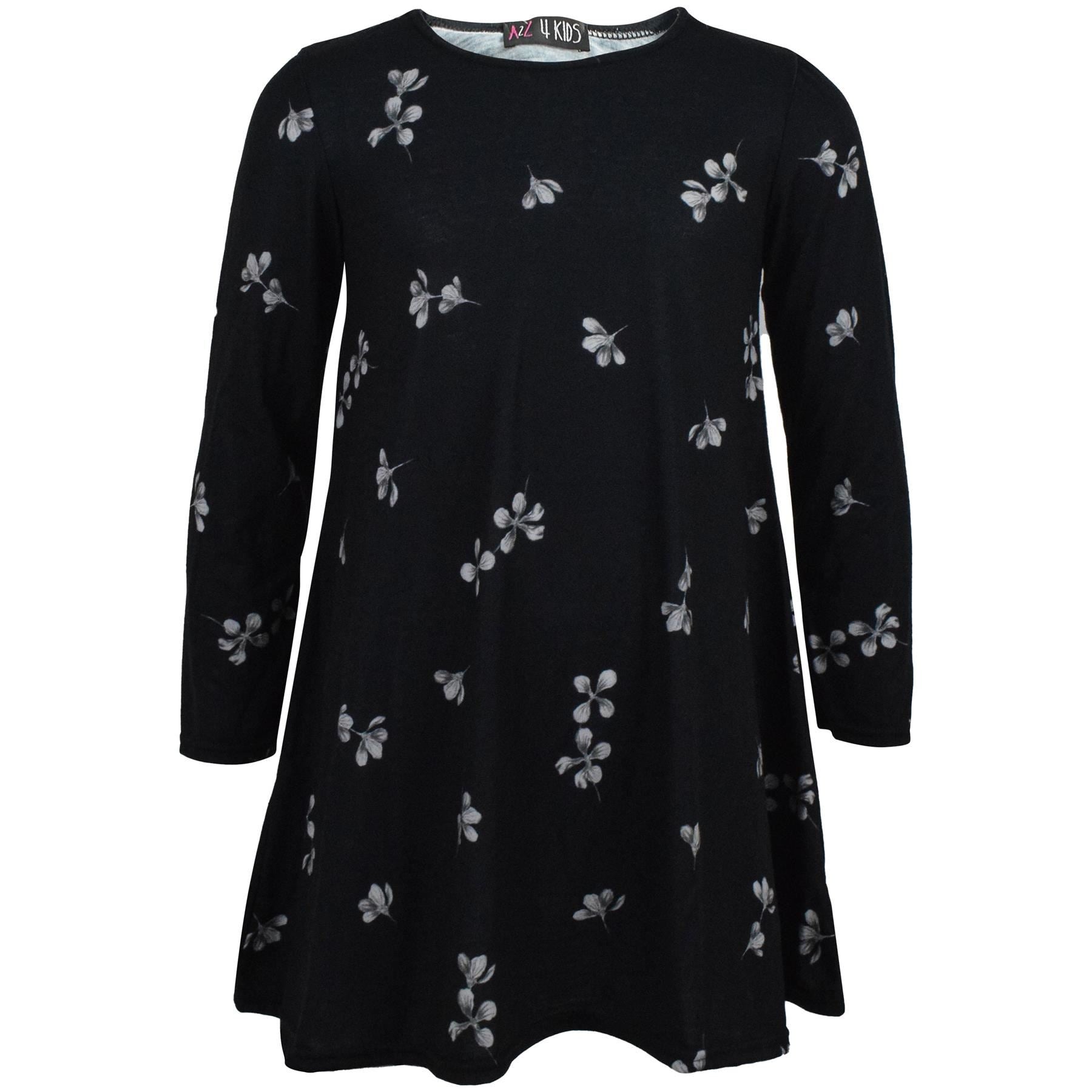 Kids Girls Swing Dress Long Sleeves Black Floral Party