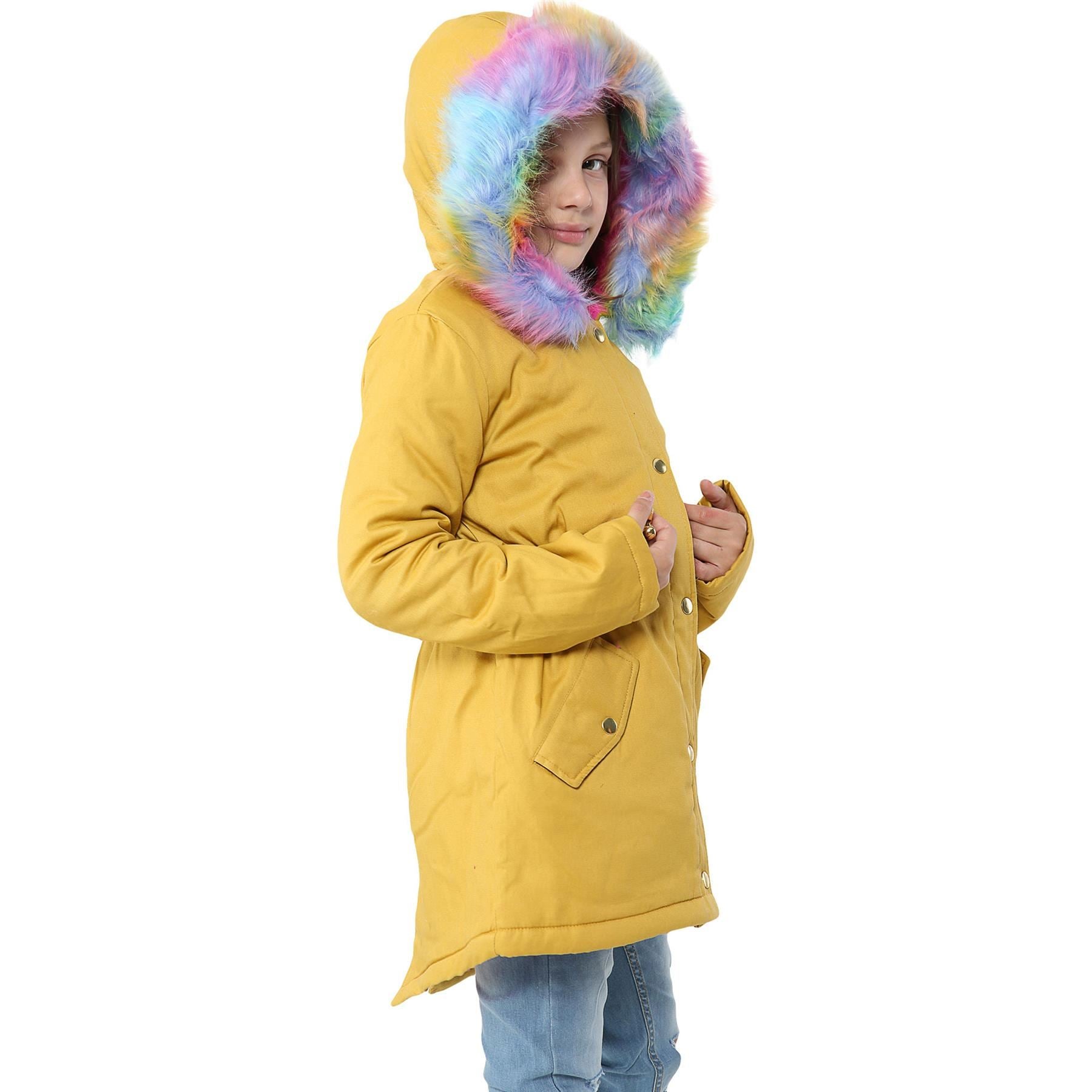 Kids Girls Hooded Coat Rainbow Faux Fur Mustard Parka School Jackets