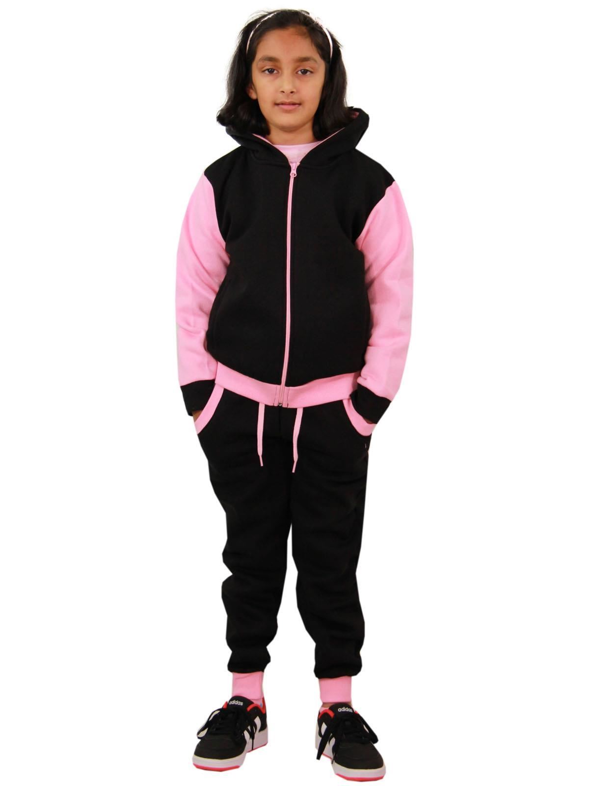 Kids Girls Tracksuit Zipped Fleece Hooded Baby Pink Top & Bottom Jogger