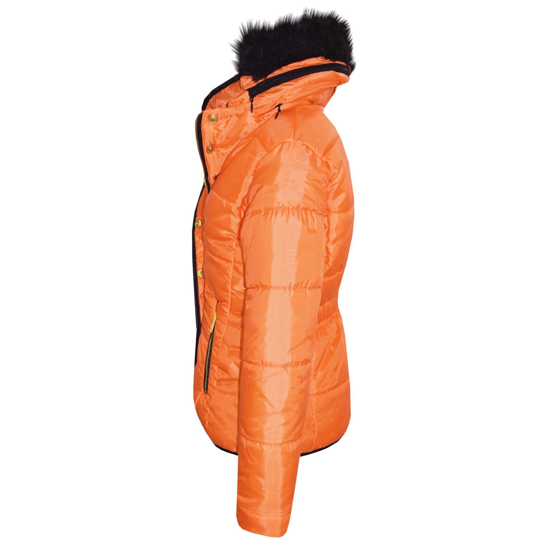 Kids Girls Puffer Quilted Coat Orange Hooded Faux Fur Jacket